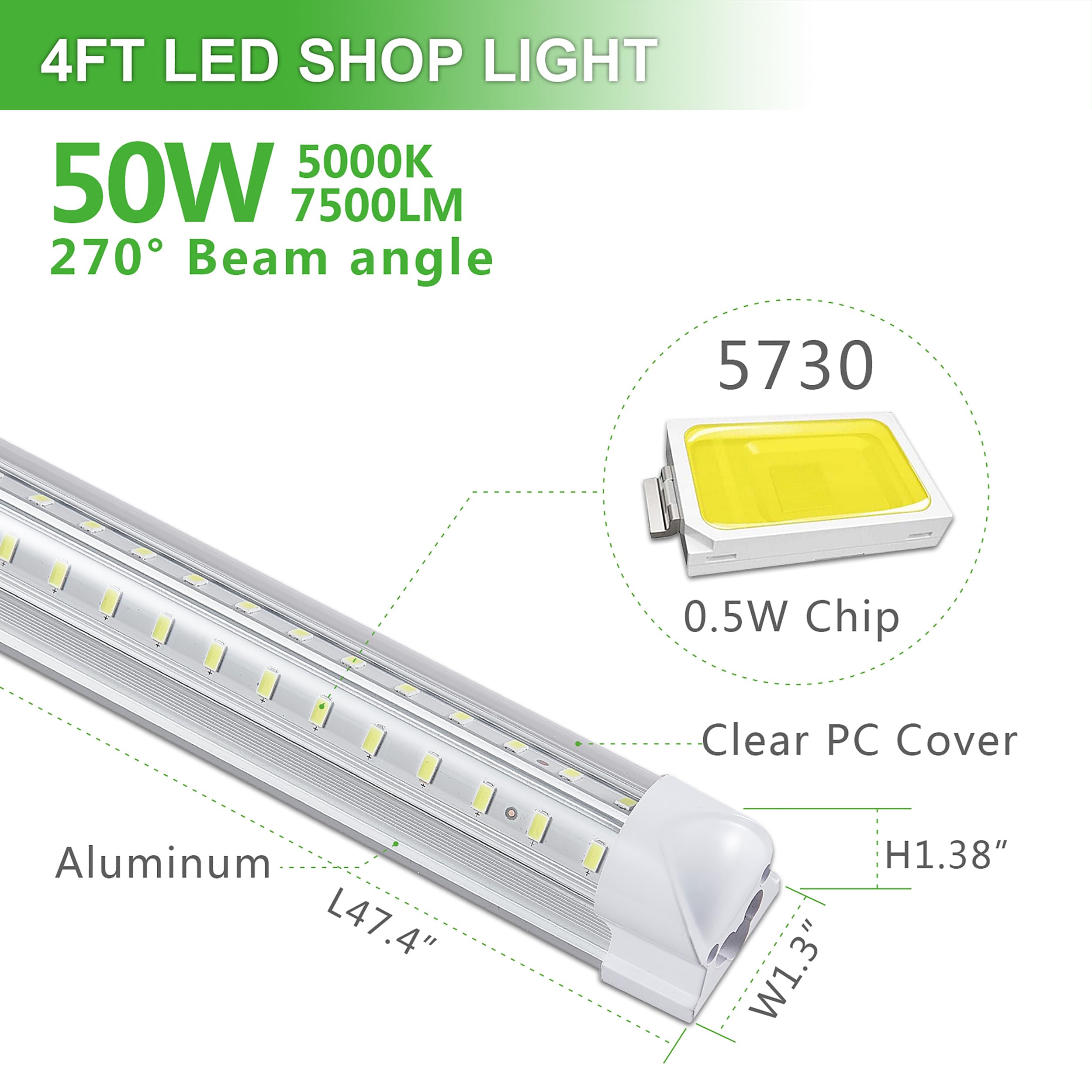 Skymoatled 8Pack 4Ft Led Shop Light Garage Lights,50W 5000K/Daylight White 7550Lm,Hanging/Surface Mount,Plug And Play,Linkable L