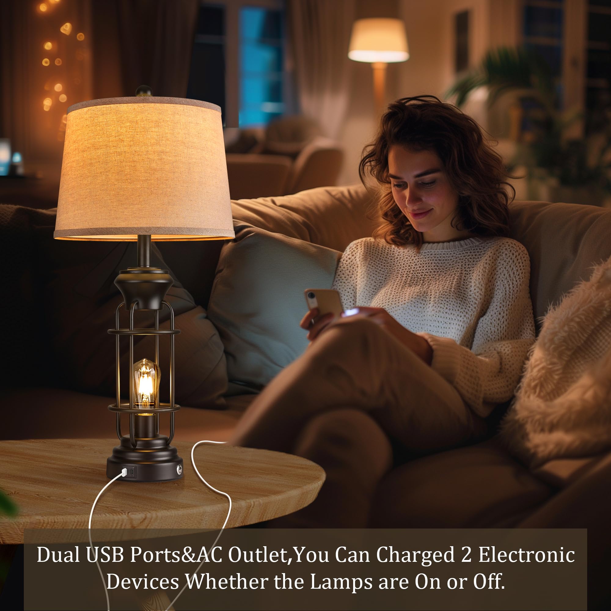 Reaketon Table Lamp Set Of 2 With Usb Ports, 29.3'' Tall Farmhouse Table Lamp With 2 Nightlight Bulbs,Touch Control Table Lamps