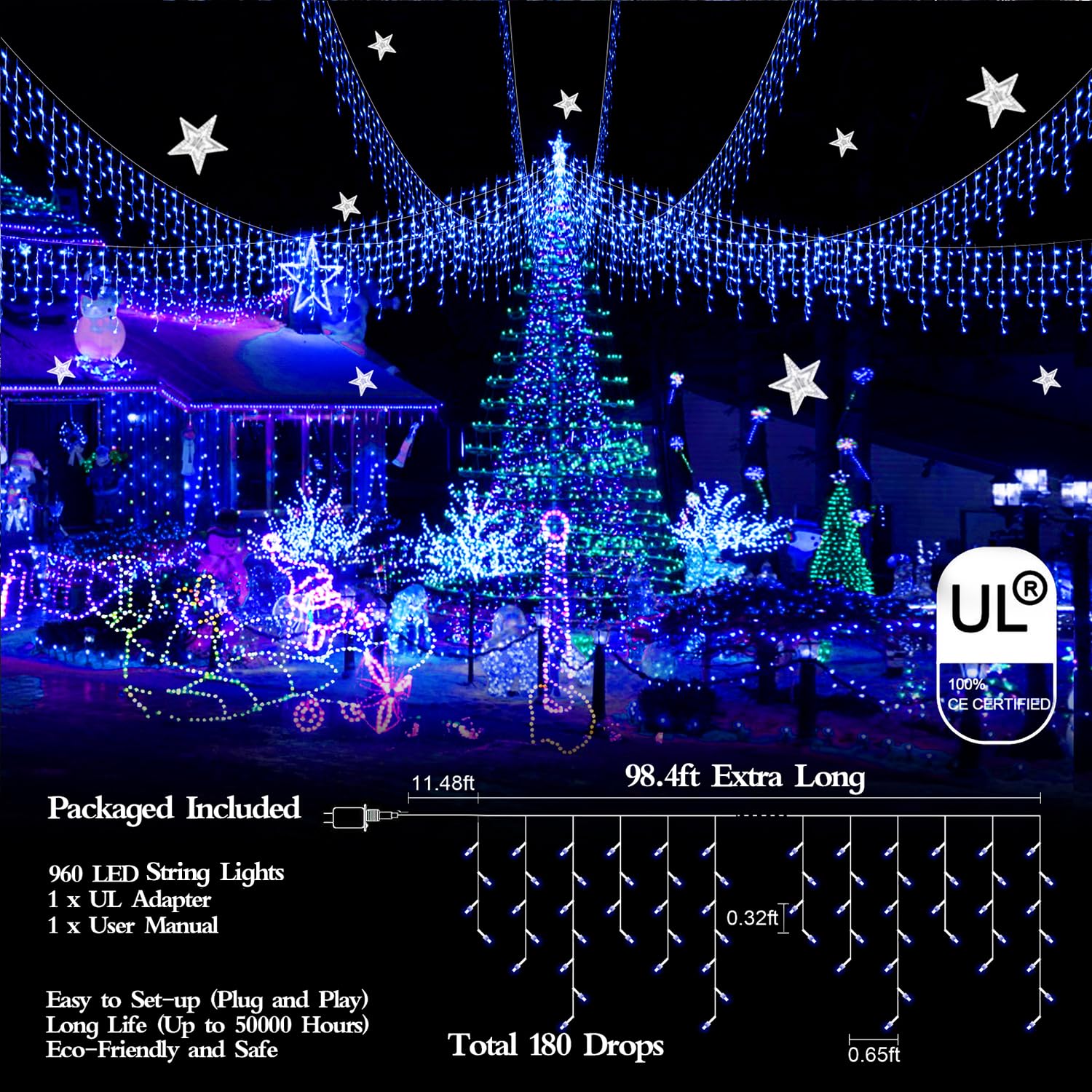 FLVOECN Christmas Lights 960 LED 98FT Blue Waterproof Indoor/Outdoor Curtain String Lights with Timer, Dimmable, Model YQS-200L