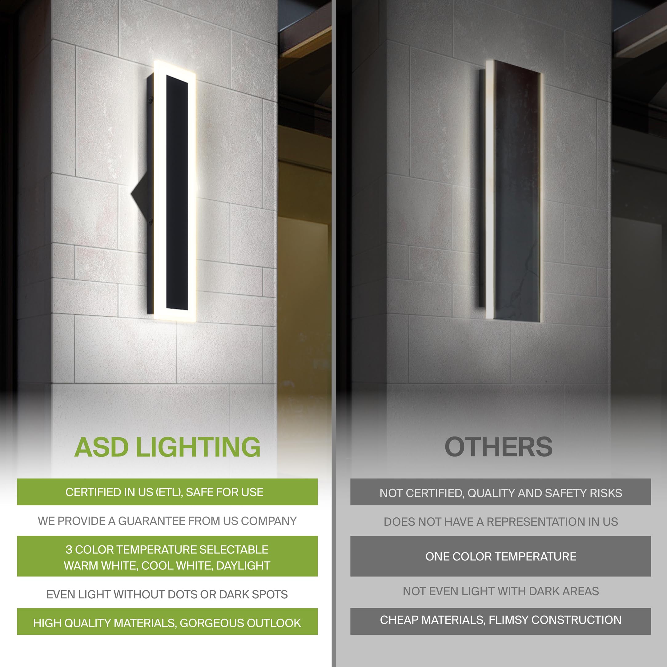 ASD LED Wall Mount Light Fixture, 24W 2000LM, Dimmable, 3CCT, Waterproof, 24 Inch, Black, Model A-LWS27N-24