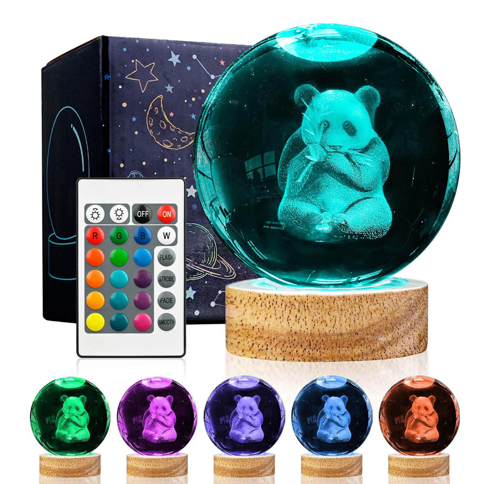 3D Panda Crystal Ball Night Light with 16 Color LED Wooden Base, Upgraded 3.15 Inch Panda Glass Ball Lamps with Remote for Birth