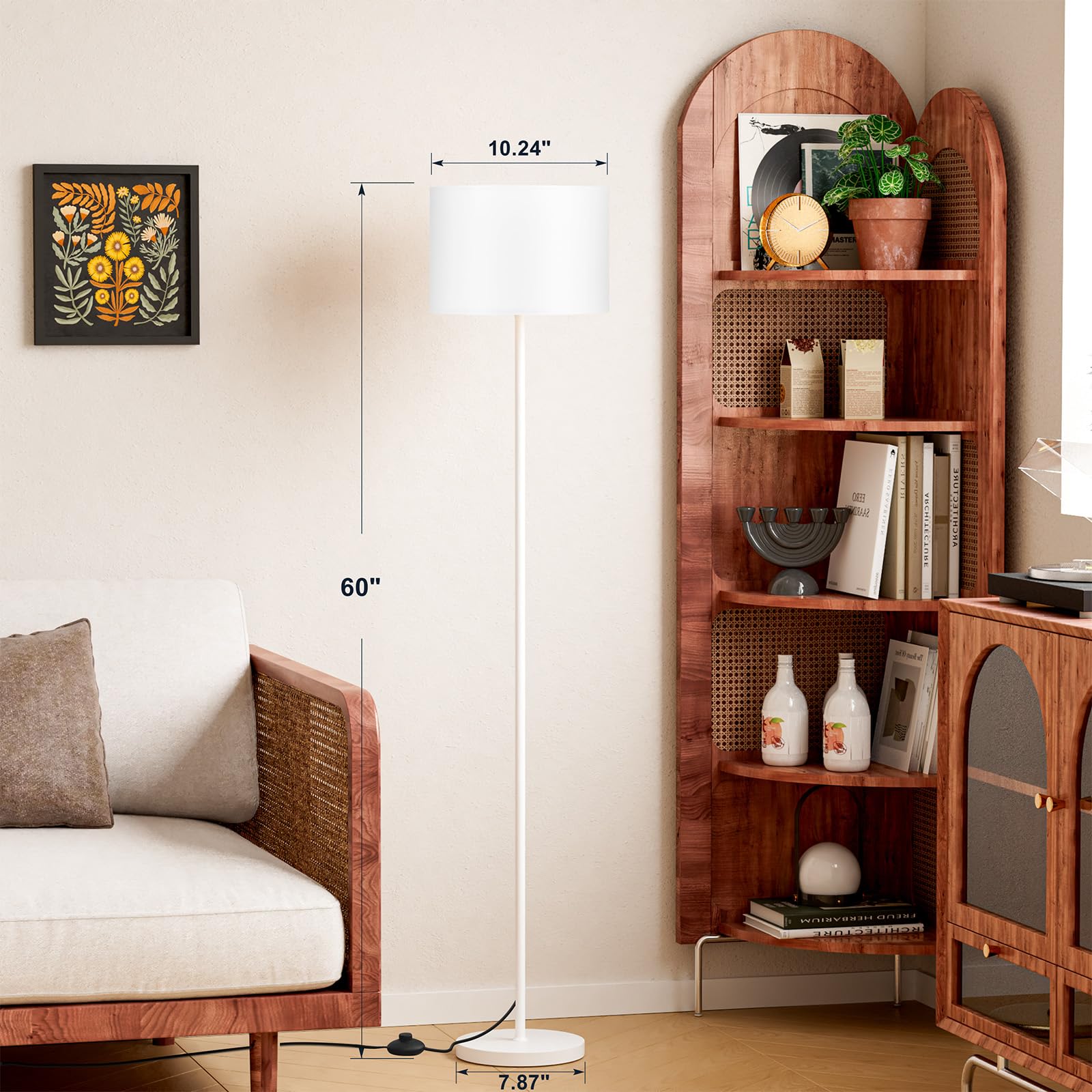 Ambimall 60'' Modern Floor Lamp With Shade, Tall Lamps For Living Room, Bedroom, Office, Dining Room, White Shade With White Pol