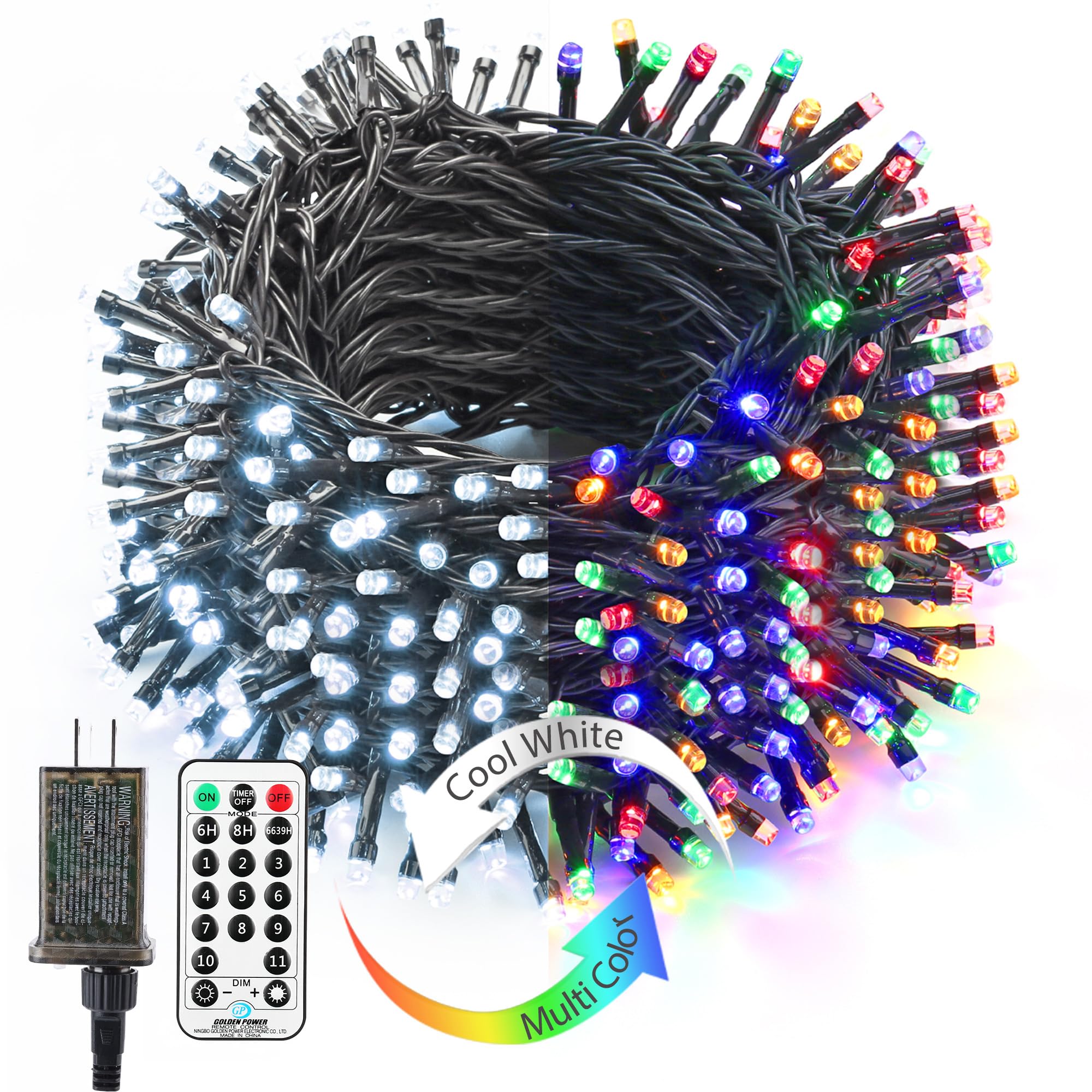 BrizLabs Christmas Lights, 180ft 500 LED Color Changing Christmas Tree Lights with Remote, 11 Modes Cool White & Colored Outdoor