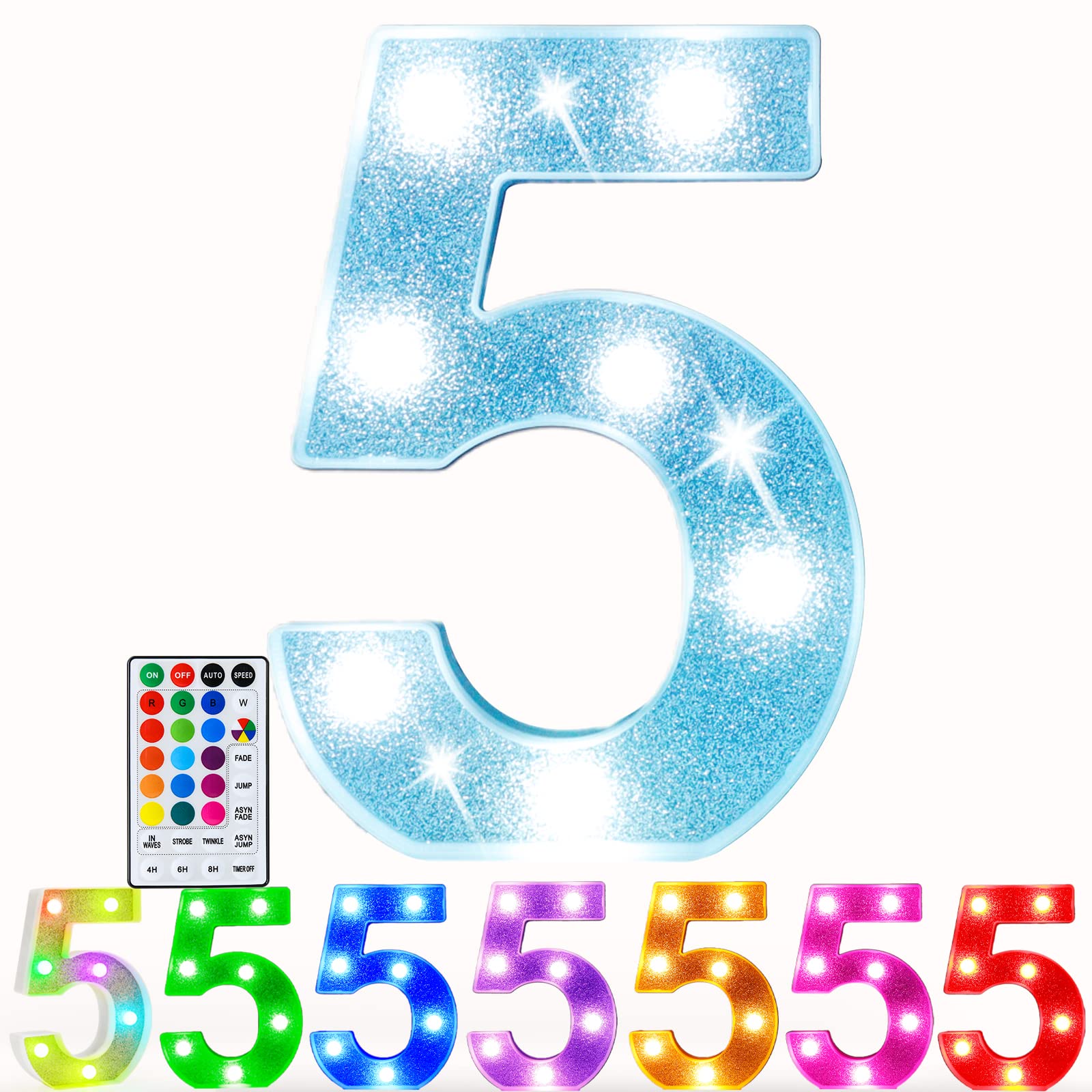 Pooqla RGB Light Up Number 5 with Remote, Glitter LED Decoration for Parties, Christmas, Birthdays