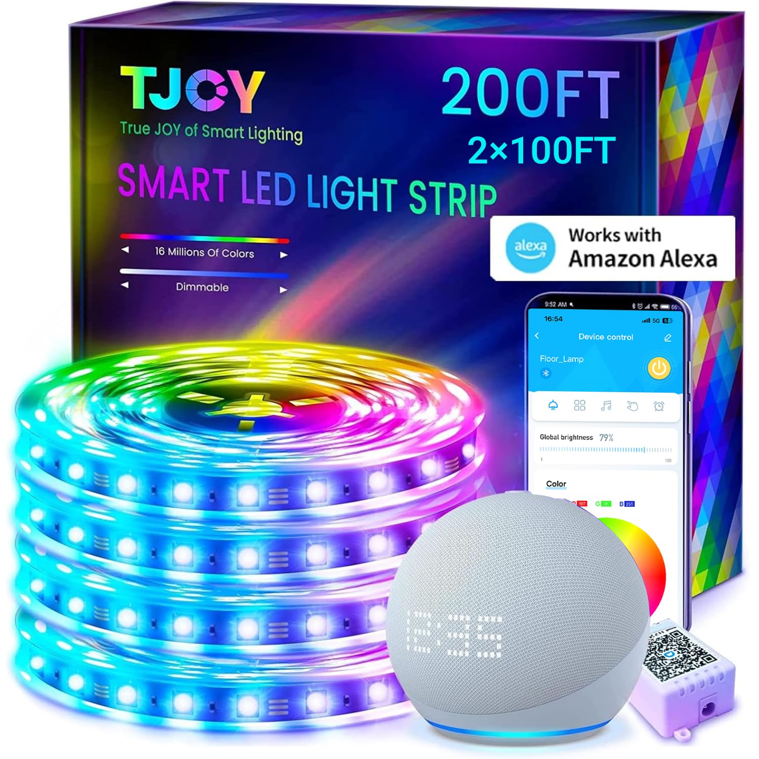 Tjoy 200Ft Smart Led Strip Lights, Rgb Color Changing, Music Sync, App & Remote Control, Alexa Compatible, Model Ta2W1502415-4
