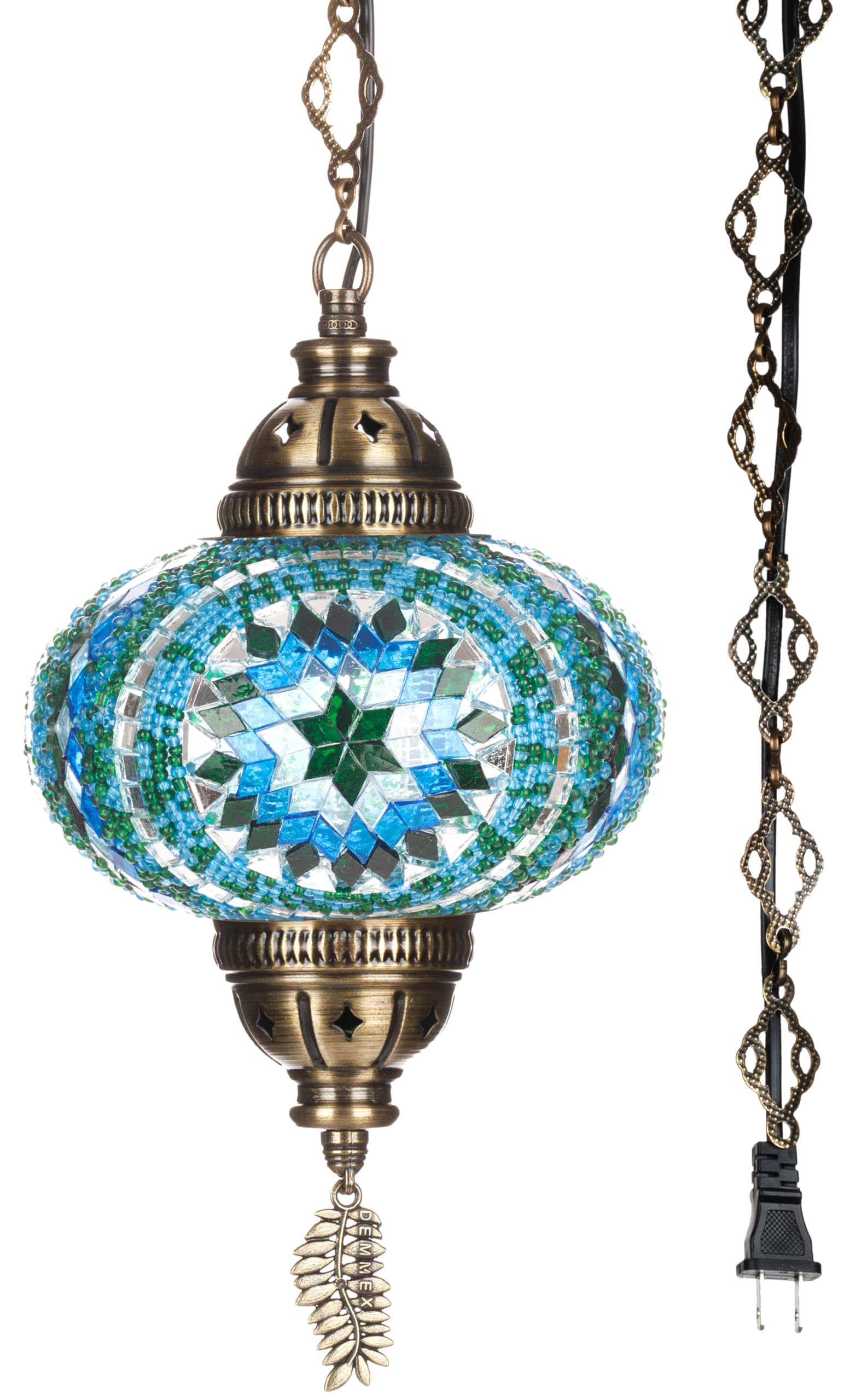 DEMMEX Plug-in Pendant Light - Handcrafted Glass, Vintage Tiffany Style, 15ft Cord & Chain, Turquoise