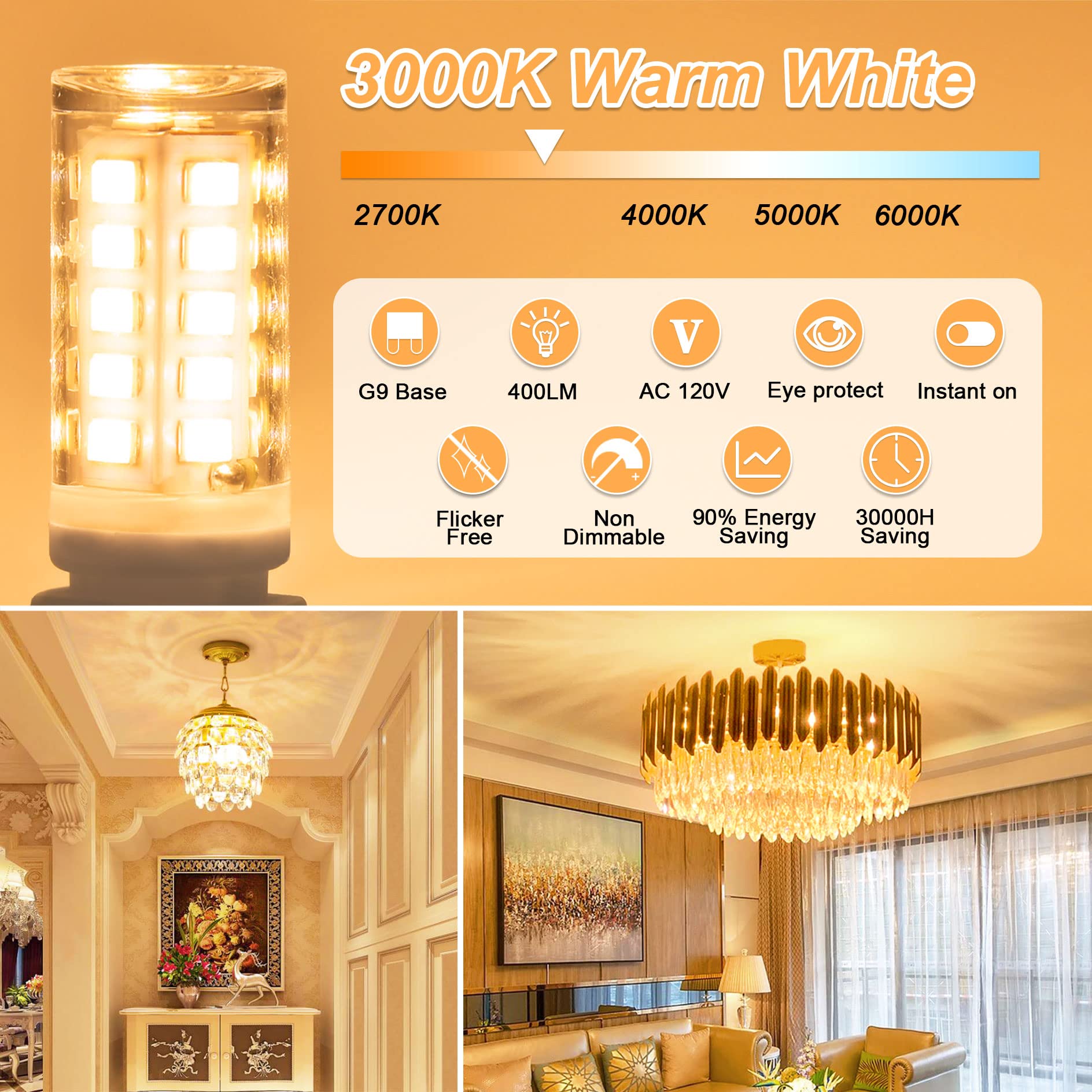 Comzler G9 Led Bulb 3000K Warm White, 40 Watt Halogen Equivalent G9 Light Bulb, G9 Bi Pin Base Chandelier Light Bulbs, Cri80 400