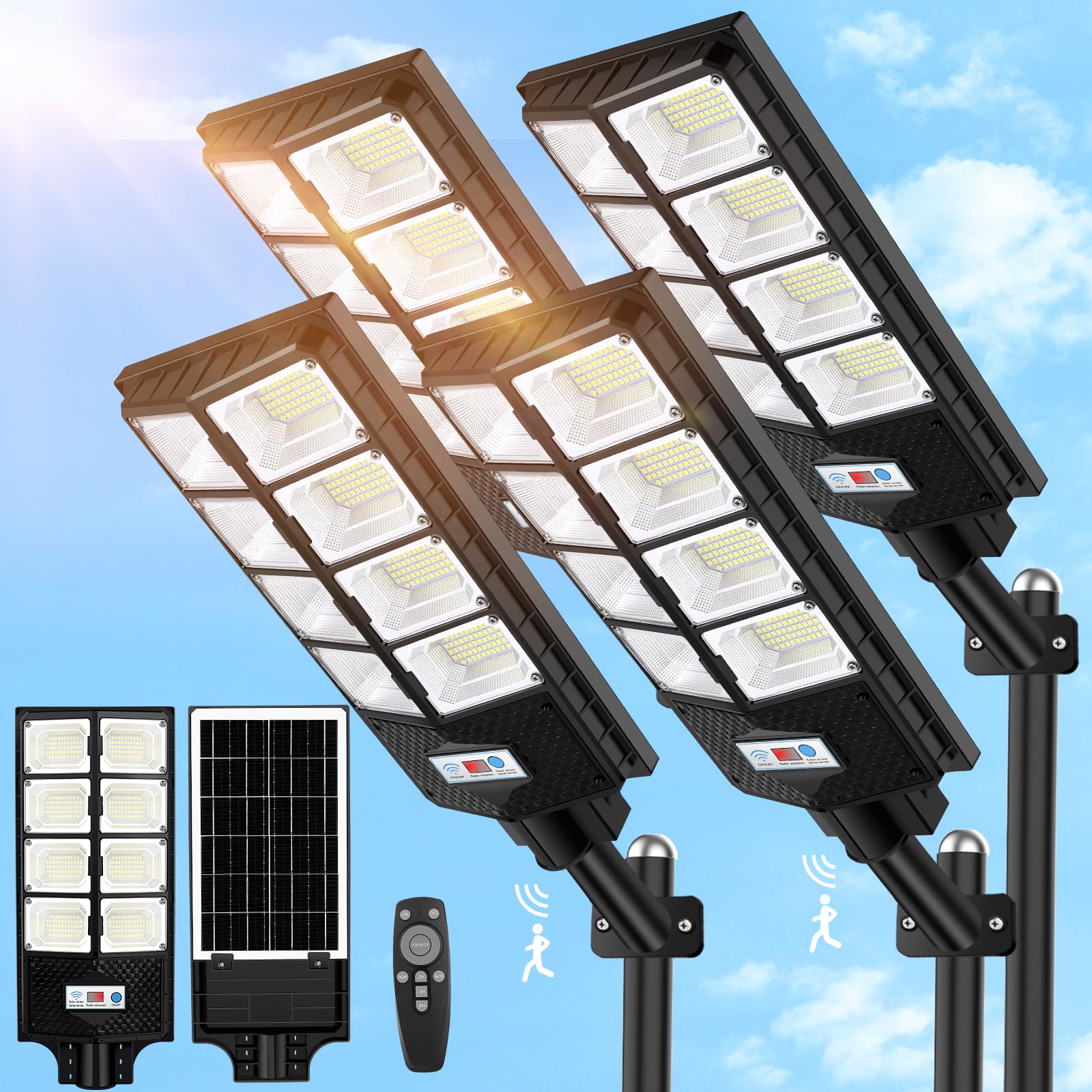 VUAA 4 Pack Solar Street Lights Outdoor Waterproof, 10000LM 448 LEDs Solar Parking Lot Lights Dusk to Dawn, Solar Flood Light wi