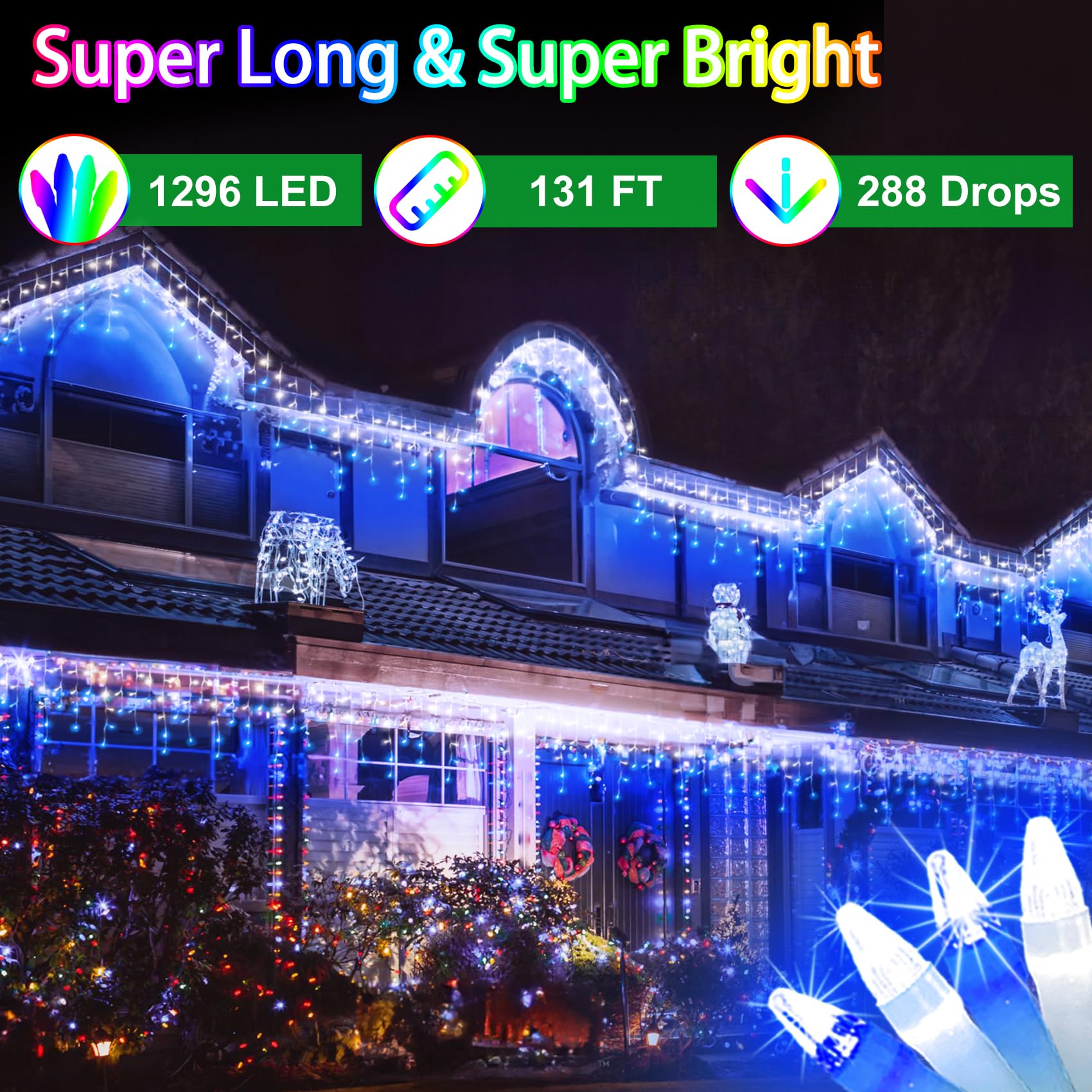 1296 Led Christma Lights With 288 Drops,131Ft Outdoor Hanging Lights With 8 Modes & Timer, Plug In Curtain String Lights Outdoor