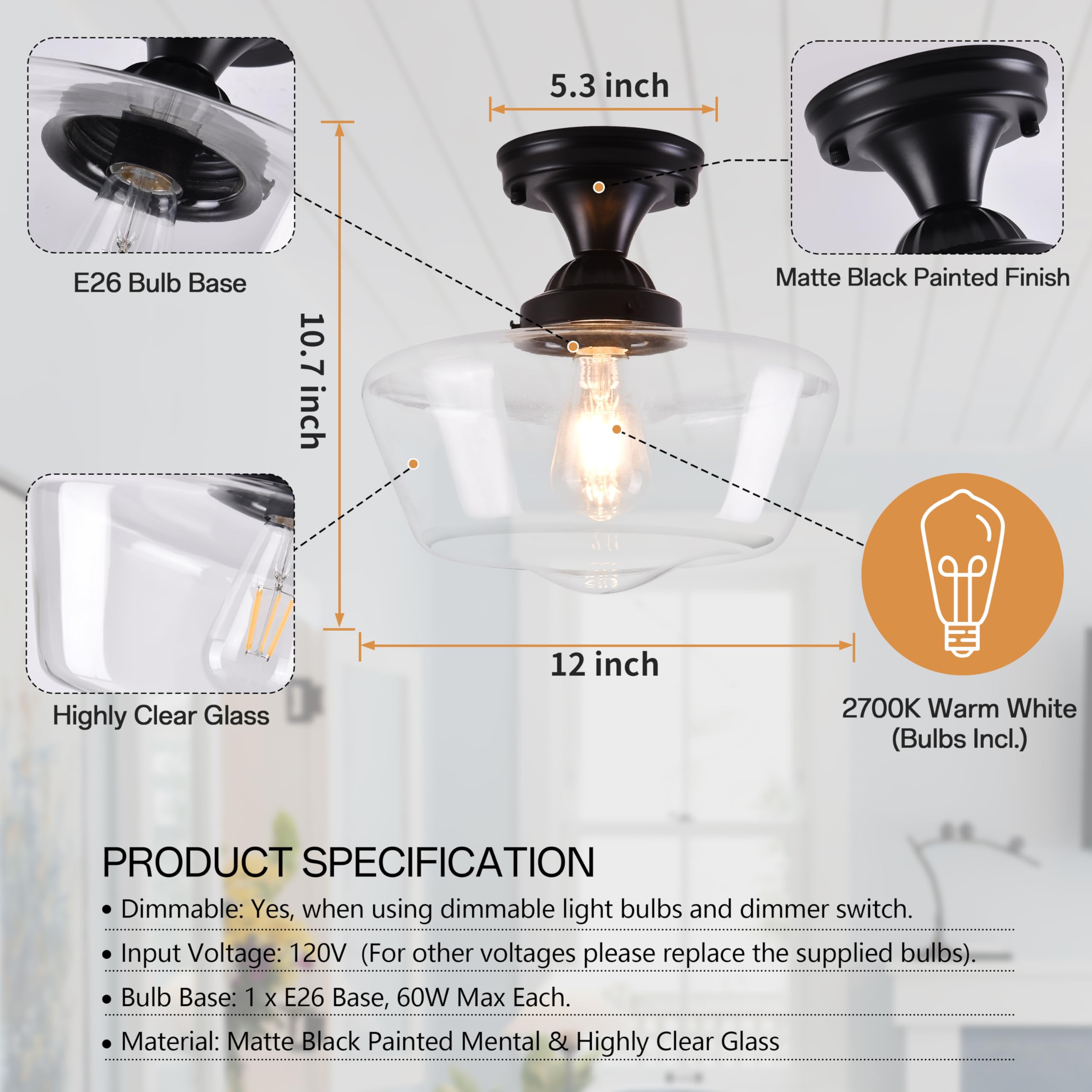 Ayshwilldec Black Schoolhouse Light Fixture 12'' Mid Century Light Fixture Schoolhouse Light Fixtures Ceiling Clear Glass Semi F