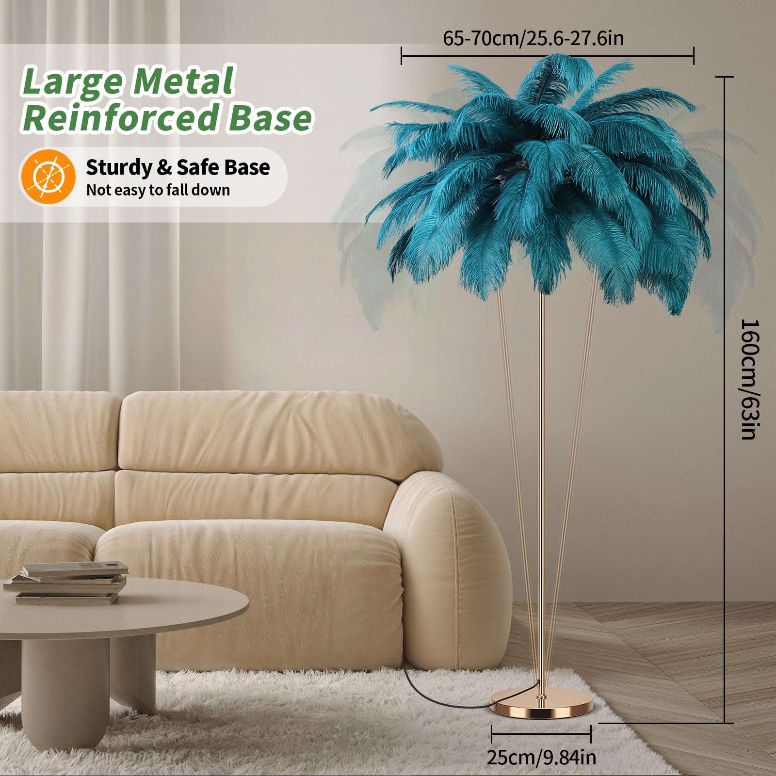 Fivemengo Feather Floor Lamp, Modern Arc Design, Rose Gold Body, Blue Color, Includes LED Bulbs, Model Yumao-Lan