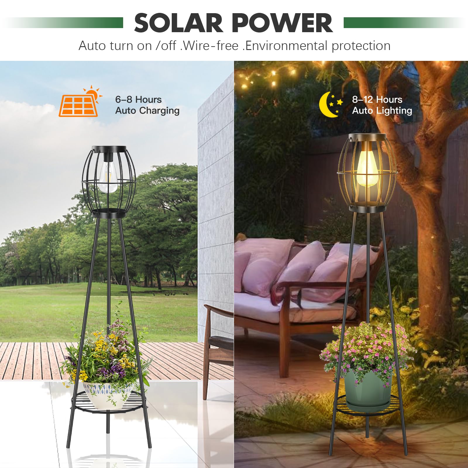 2 Pack Solar Lights Outdoor With Plant Stands, Solar Floor Lamp, Solar Powered Street Light Metal Tripod Deck Lights, Patio Deco