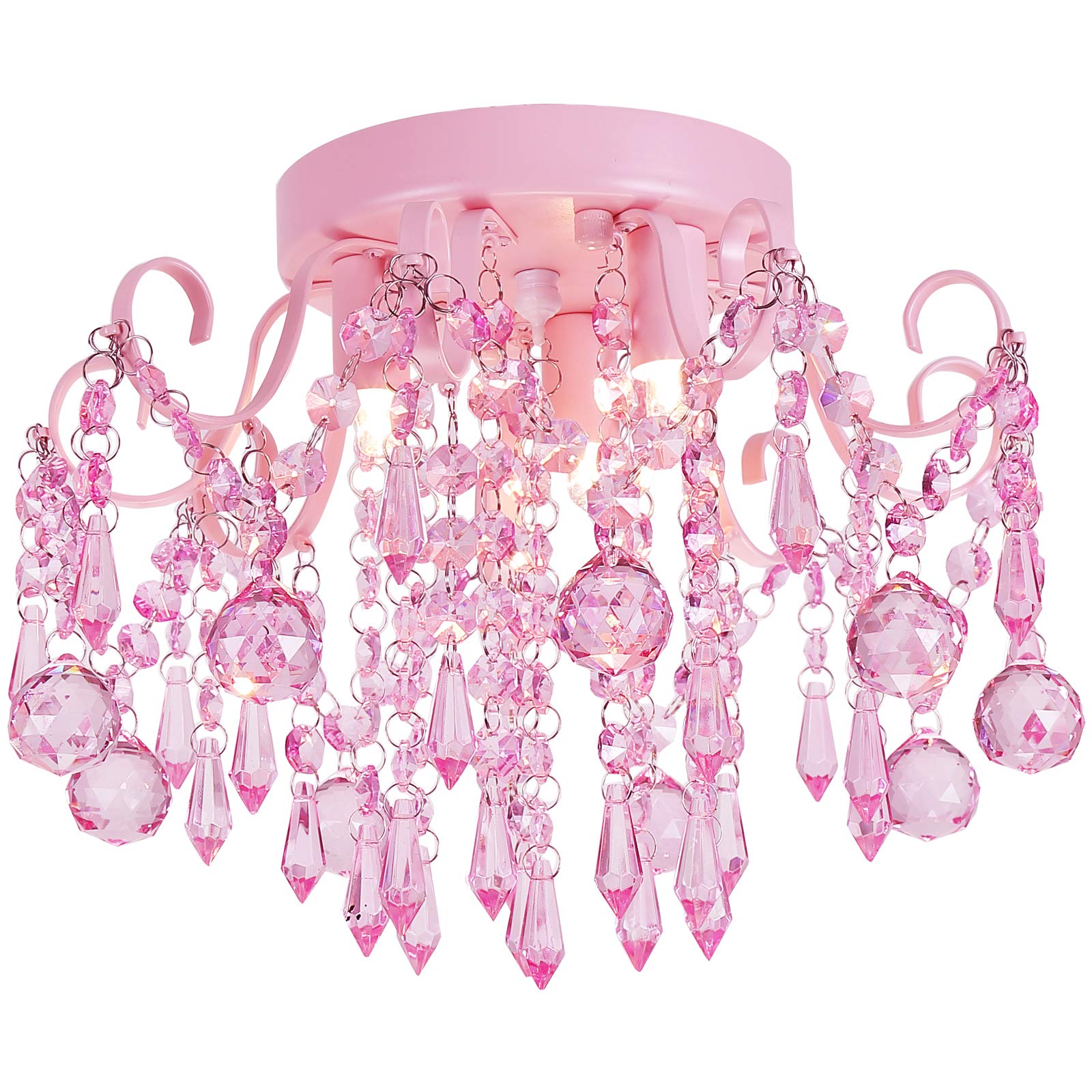 Q&S Mini Chandelier, 3 Lights, Metal and Crystal, Semi Flush Mount, Pink, Model P2001-3Pink