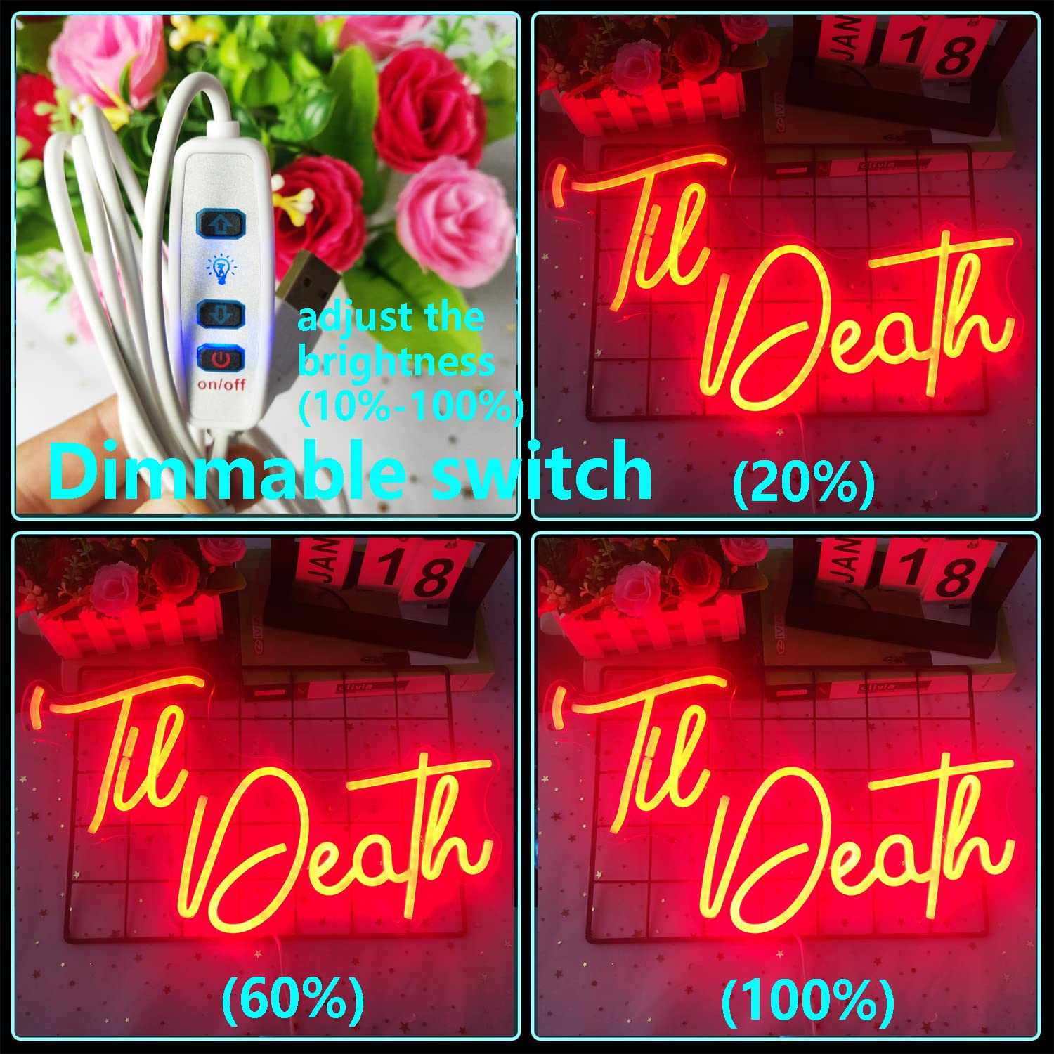 GMMLLG Til Death Neon Sign - Dimmable LED Wall Decor, Red Acrylic Backboard, Party and Wedding Backdrop
