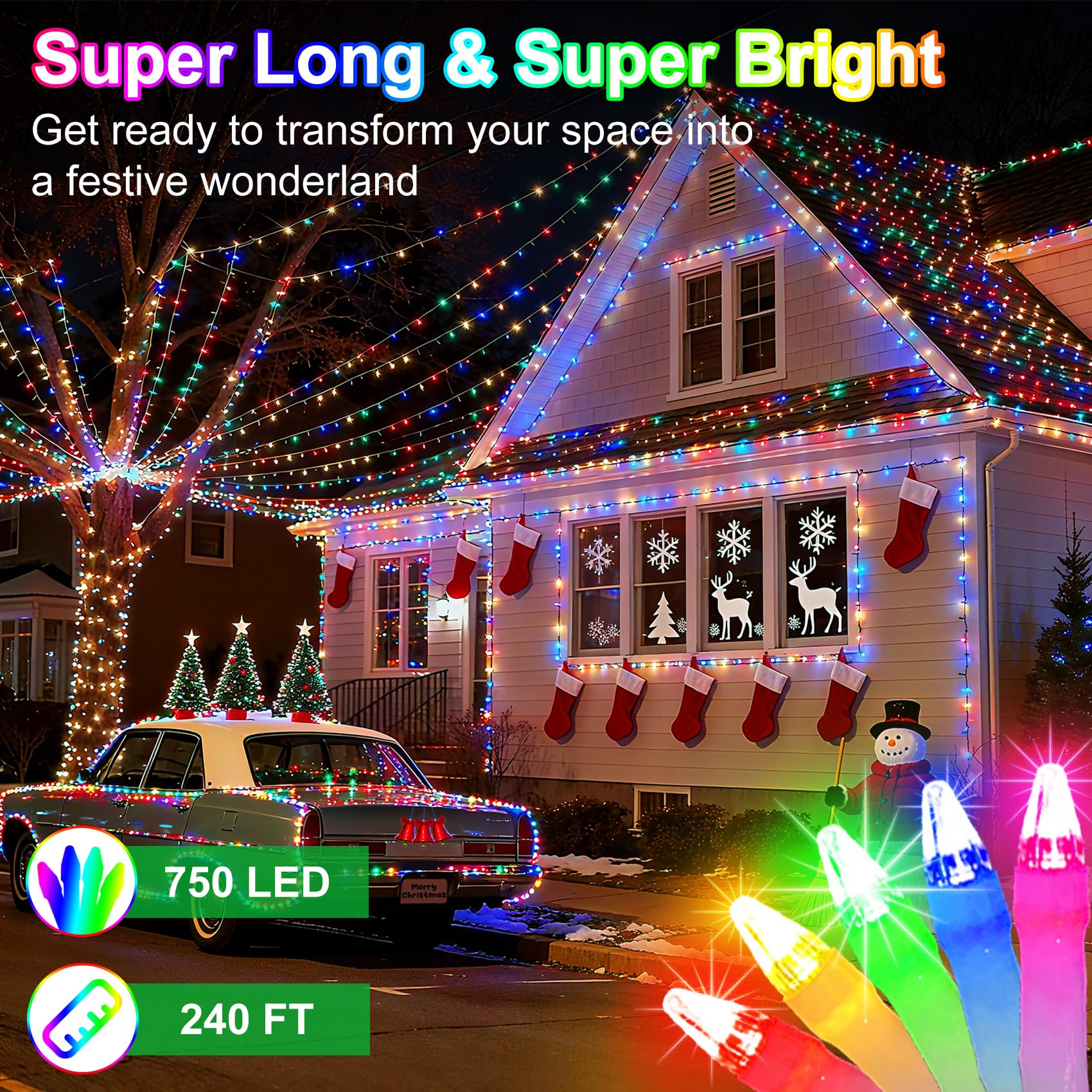 750 Led 240Ft Christmas String Lights Outdoor  12 Pro Modes And Timer Memory & Brightness  Plug In Outdoor Waterproof Clear Wire Twinkle Light For For Xmas Yard Tree Wedding Party Decor (Multicolor)