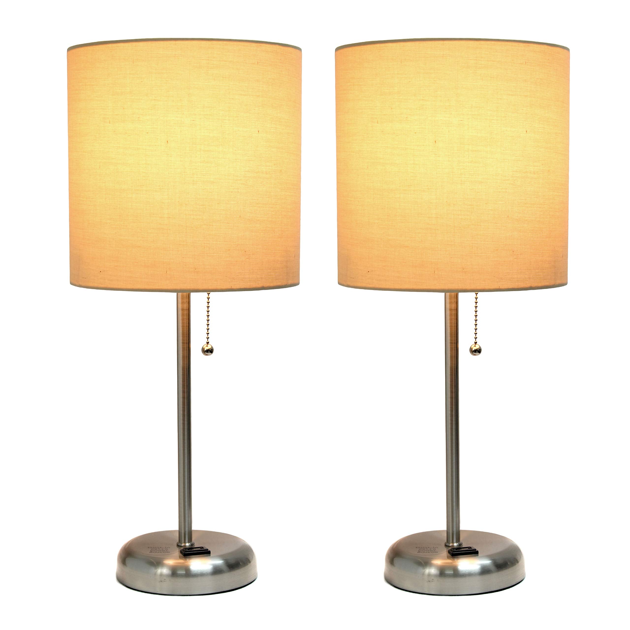 Simple Designs Lc2001-Tan-2Pk Brushed Steel Stick Table Lamp Set With Charging Outlet And Tan Fabric Shades, 2 Pack Set