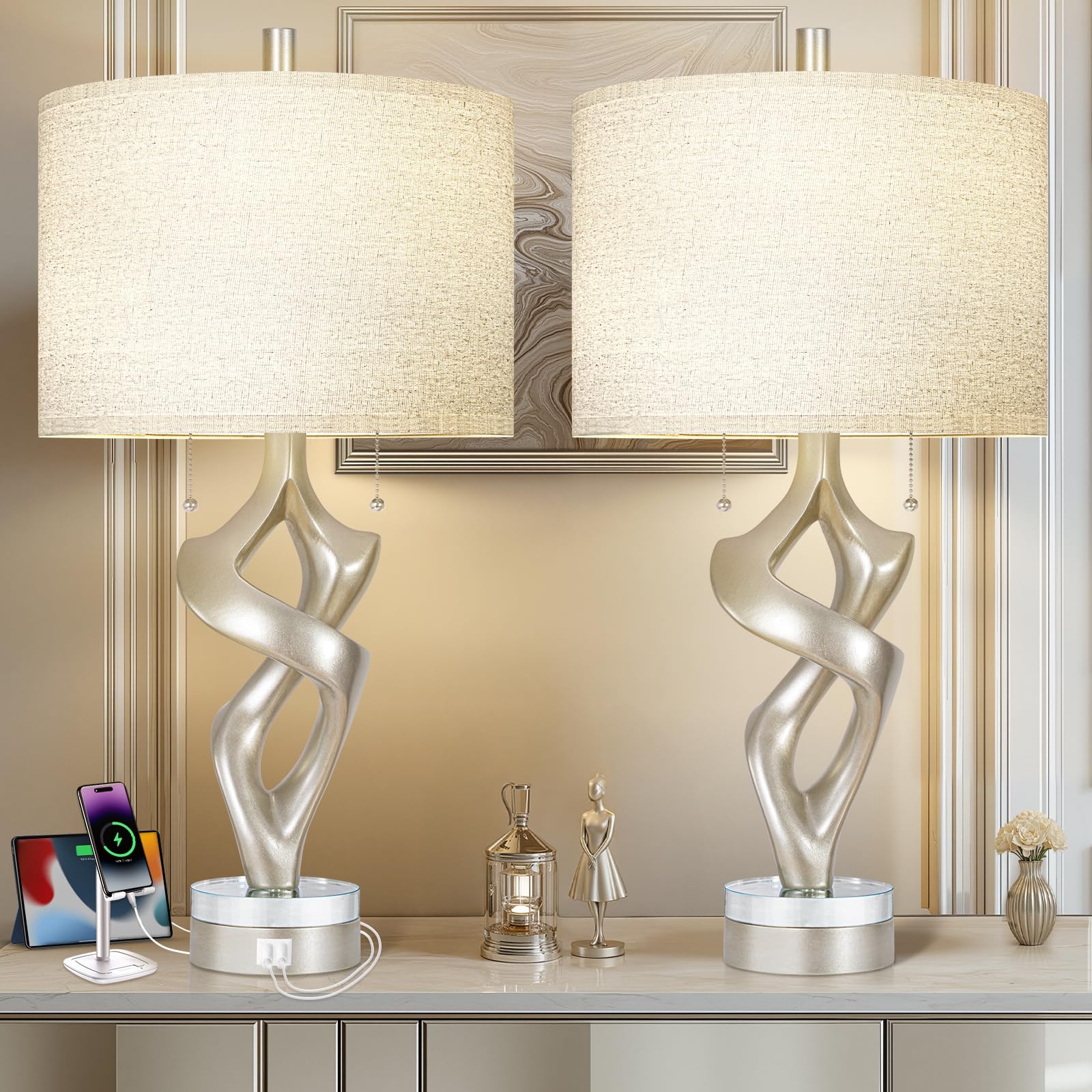 Scenekoy Sculptural Resin Table Lamp Set of 2 with USB Ports for Bedroom Living Room  26  Antique Silver Leaf Dual Pull Chains Bedside Lamps  Nightstand Lamp for Home Room Decor (Bulbs Included)