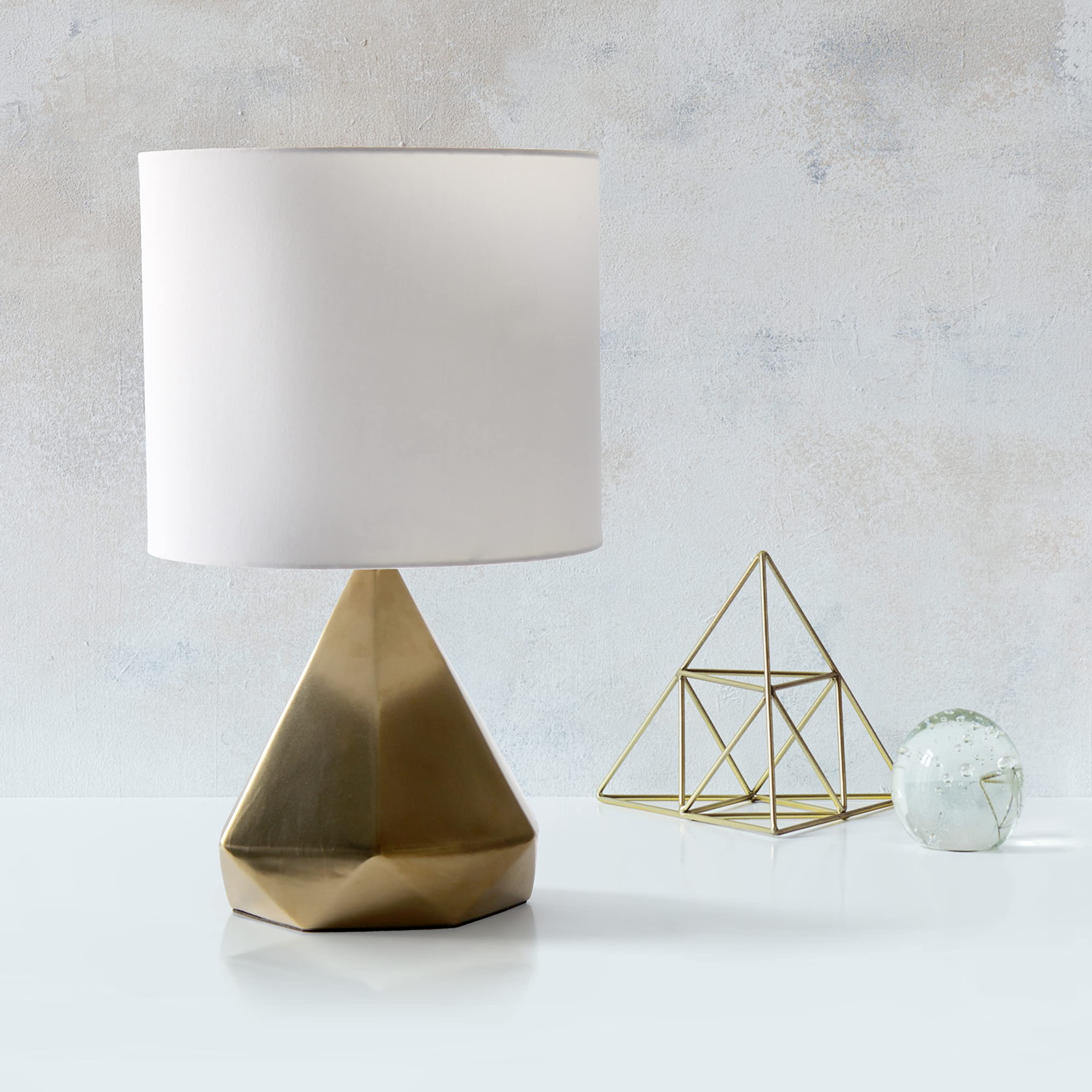 Simple Designs Geometric Ceramic Table Lamp, 11.81inL x 11.81inW x 19.88inH, Gold, Model LT2079-GLD, White Fabric Shade