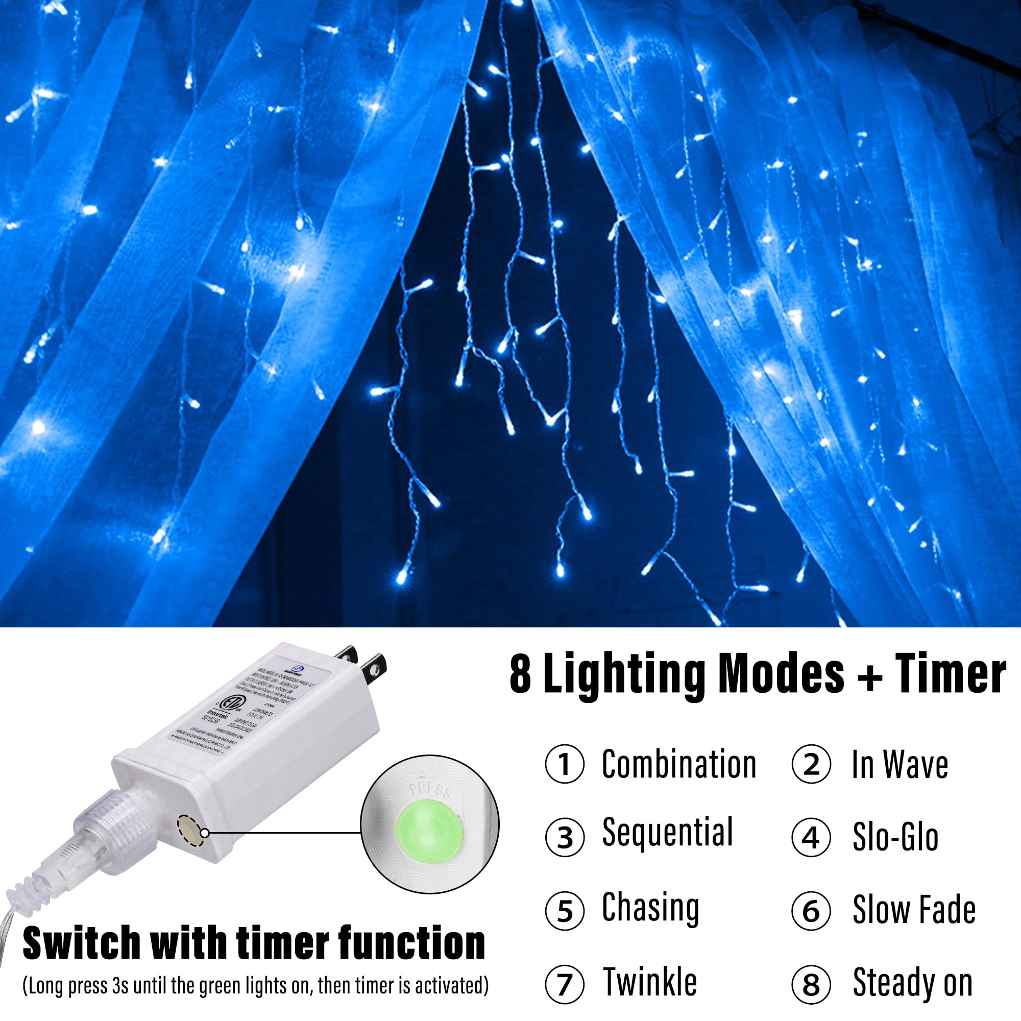 Joomer Christmas Icicle Lights, 32FT, Waterproof, 8 Modes, Blue, Model SSL0200-I-24V, Connectable for Outdoor Decorations