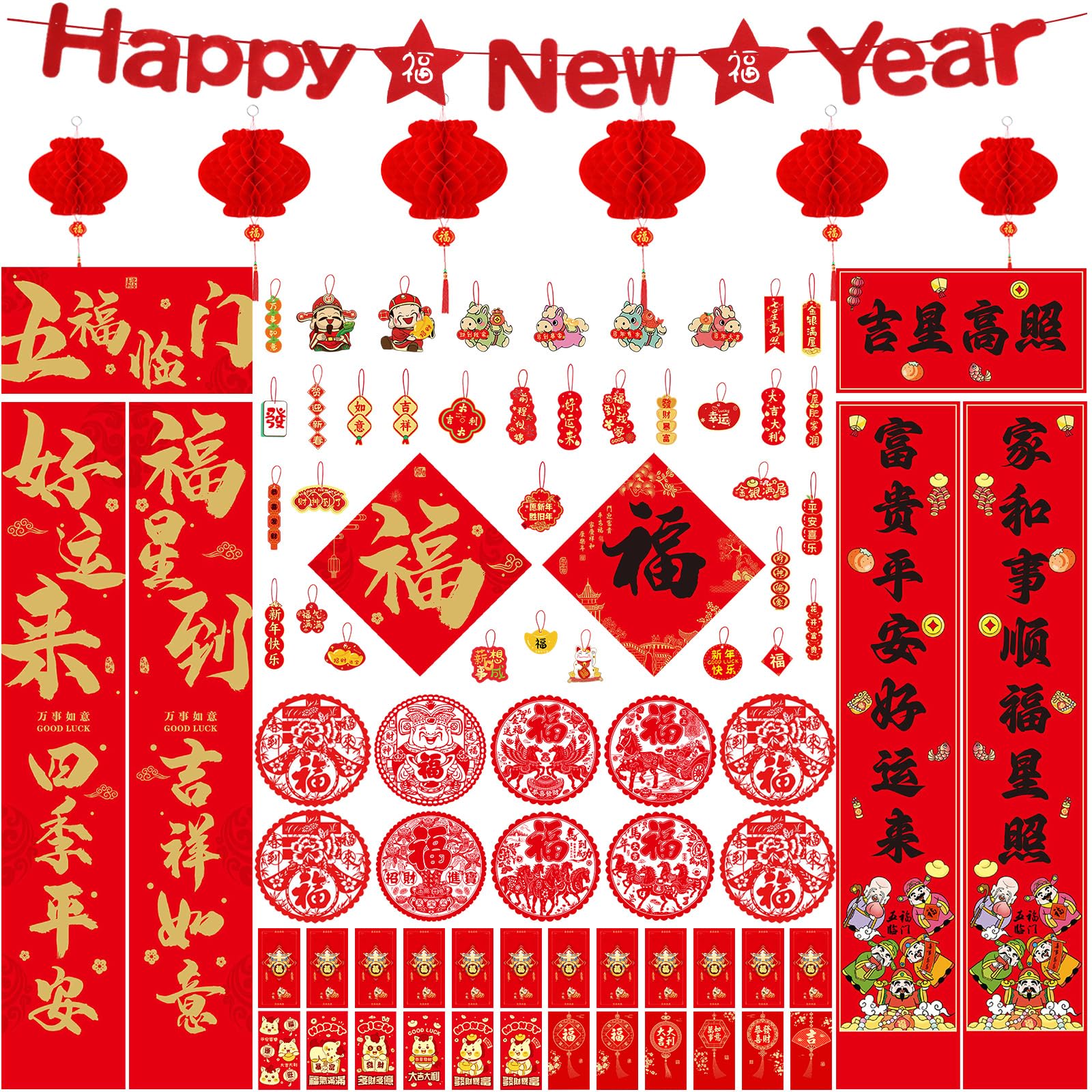 86Pcs Chinese New Year Decoration Chinese Couplets Chunlian Red Envelopes Hongbao Red Lantern Lucky Hanging Ornaments Banner Fu Character Window Decor for 2026 Spring Festival