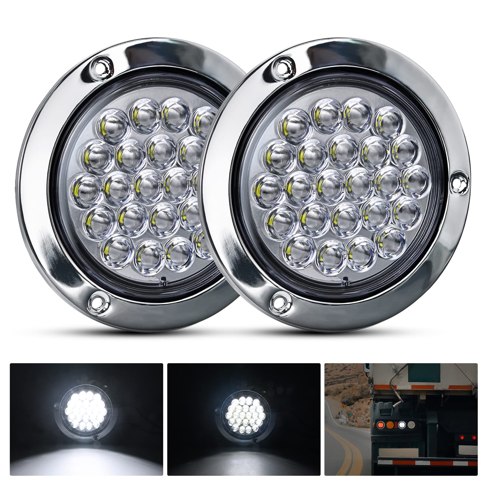 Nilight 4” Round Trailer Tail Light 2PCS 24LED White Stainless Steel Chrome Bezel Waterproof Backup Reverse Tail Lights for Truck Van Lorry Camper Boat