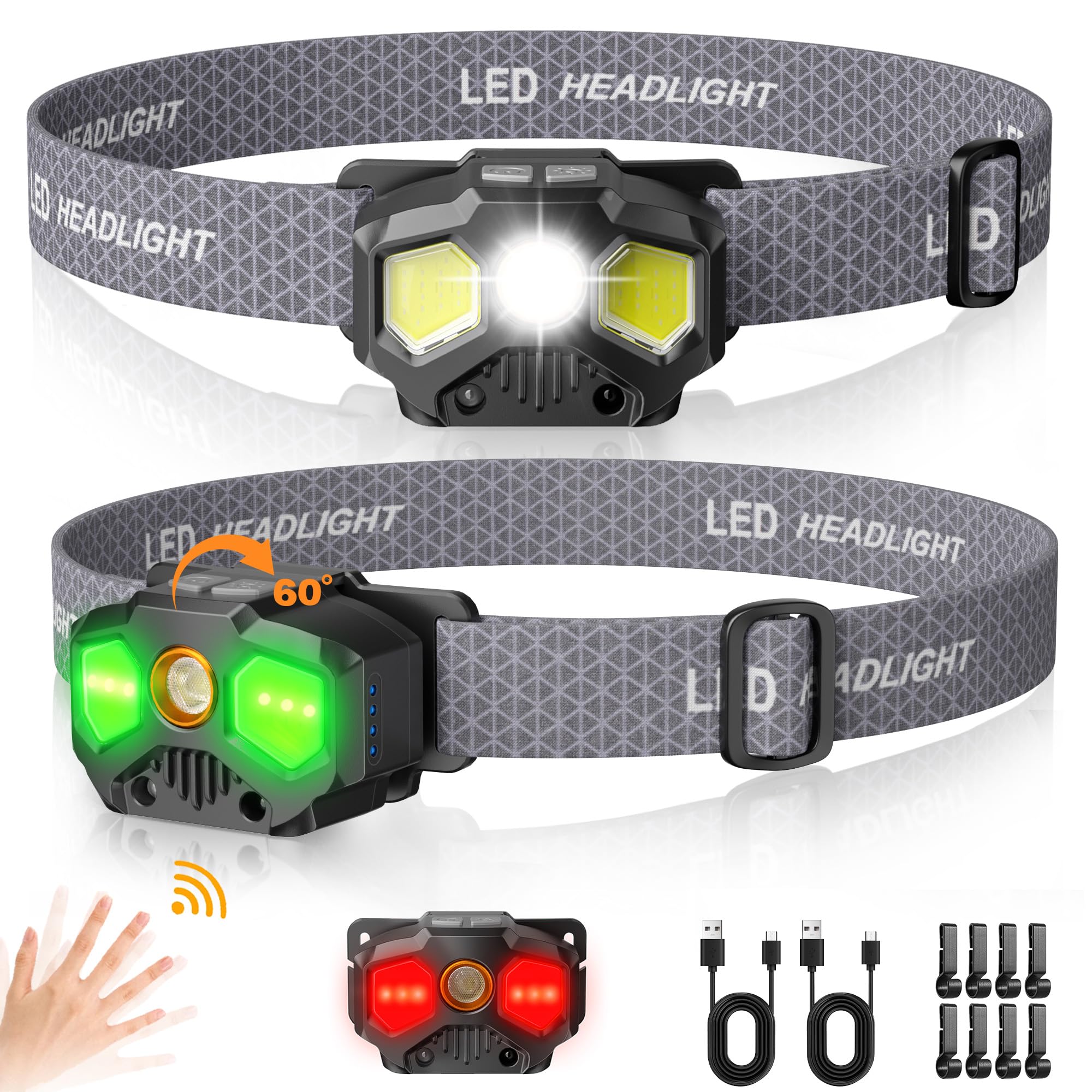 Hokoiln Rechargeable Headlamp, 2 Pack 1400 Lumens Led Headlamp With Red/Green/White 14 Modes Ultra-Bright Headlamp Rechargeable,
