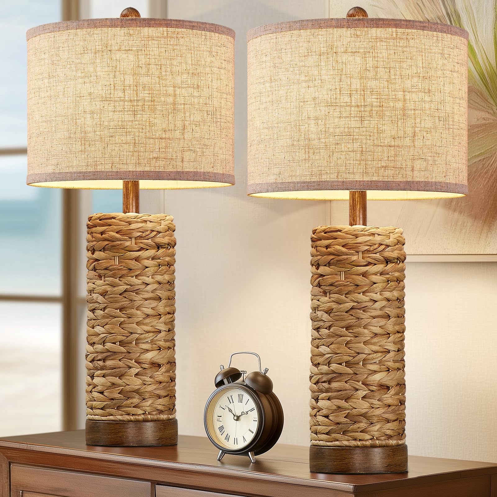 BOWOBO 27.5 Tall Natural Rattan Table Lamps Set of 2, Hand - Woven Wicker Lamp with Linen Shade, Rustic Coastal Boho Style Tab