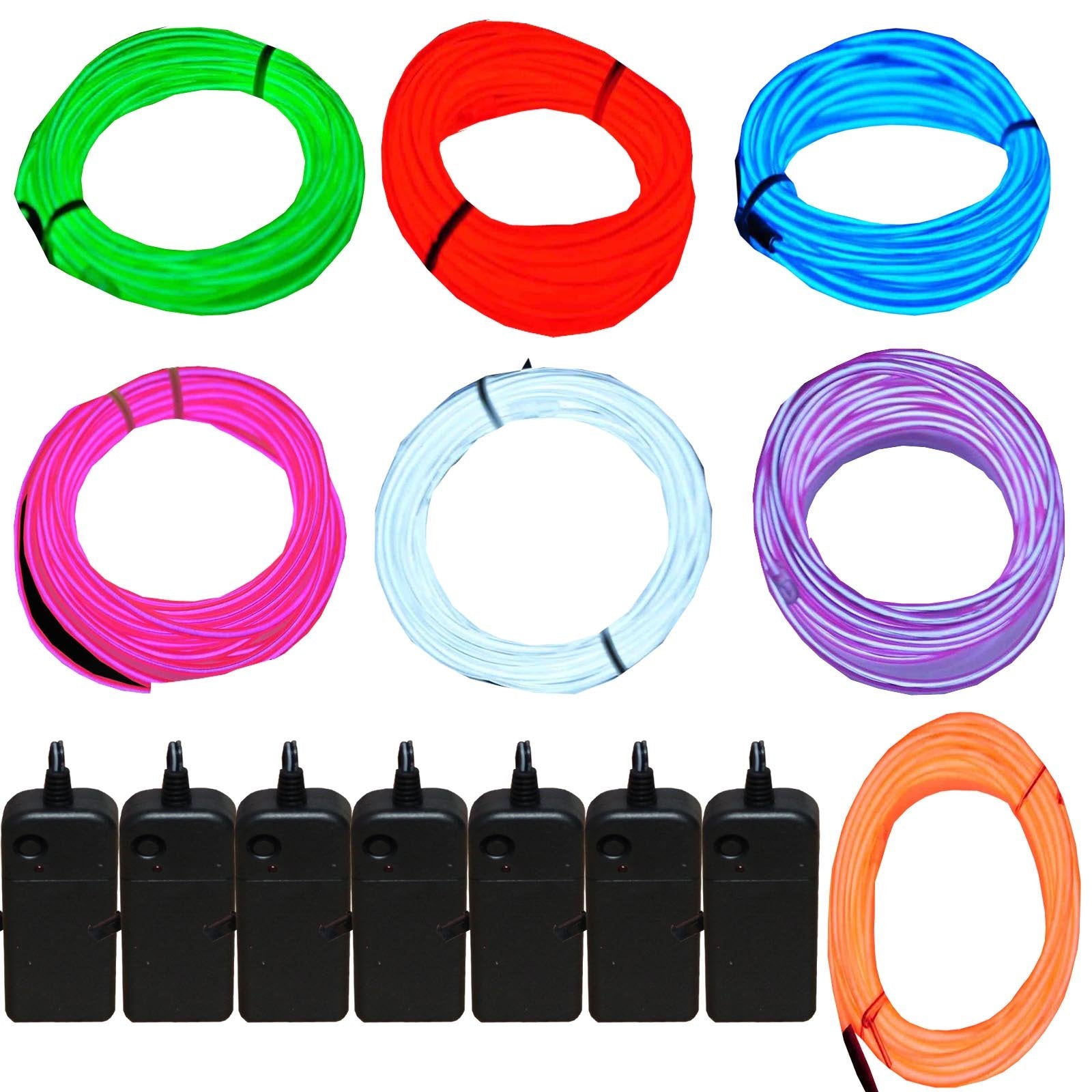Jytrend 7 Pack 9Ft Neon Light El Wire W/Battery Pack (Green, Blue, Red, Orange, Purple, White, Pink)