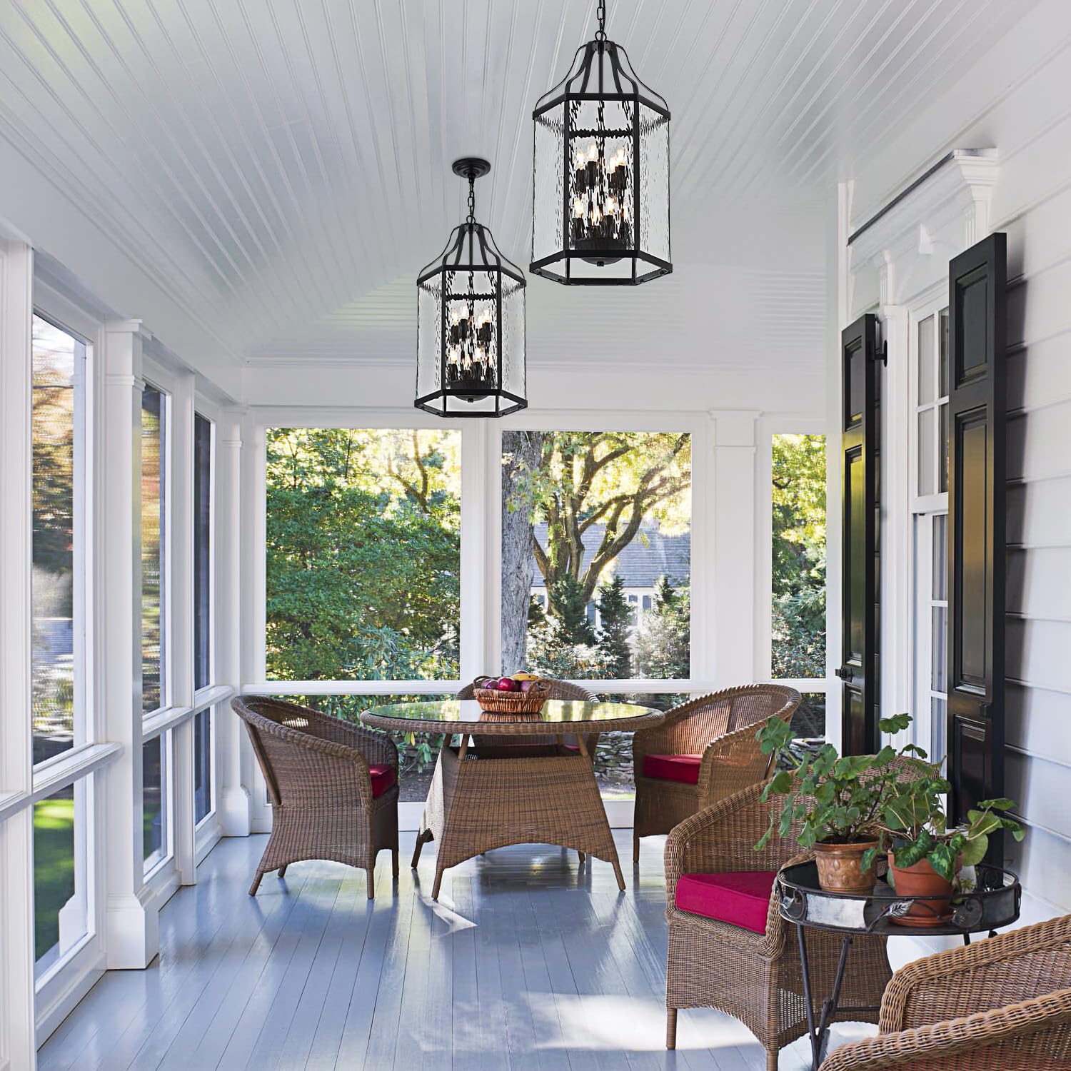 Lighceac 14'' Modern 8-Light Exterior Black Lantern Pendant Light Fixture With Clear Rippled Glass Mini Industrial Hanging Cage