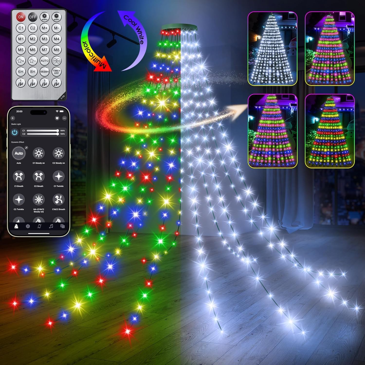 30+ Modes Ring Christmas Tree Lights Indoor Outdoor - 7.5Ft X 12 Lines 336 Led Easy App Control Color Changing Timer Remote Waterproof For 6 7 Ft Xmas Trees (Cool White To Multicolor)