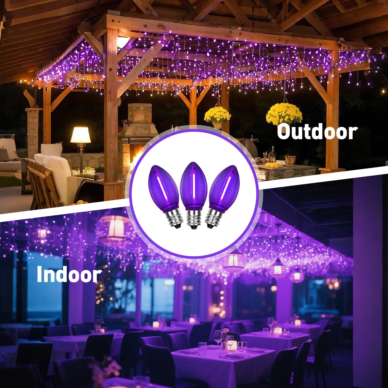 Chysuper 25 Pack C7 Replacement Bulbs  Dark Purple Led Halloween Light Bulbs  E12 Candelabra Base For Christmas Thanksgiving Xmas Tree Holiday Patio Outdoor String Lights Decor
