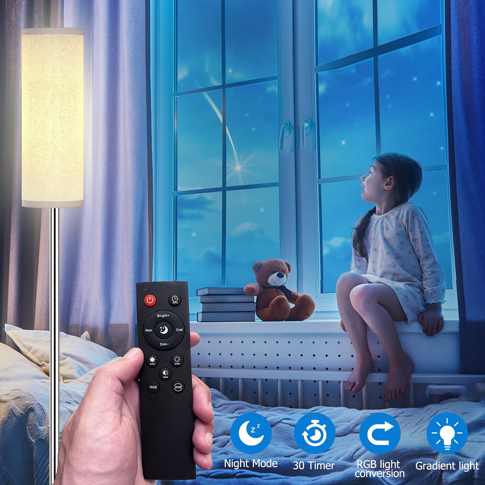 Qaubauyt Modern Led Floor Lamp With Remote, Brushed Nickel, Reading & Colorful Modes, 9W Bulb