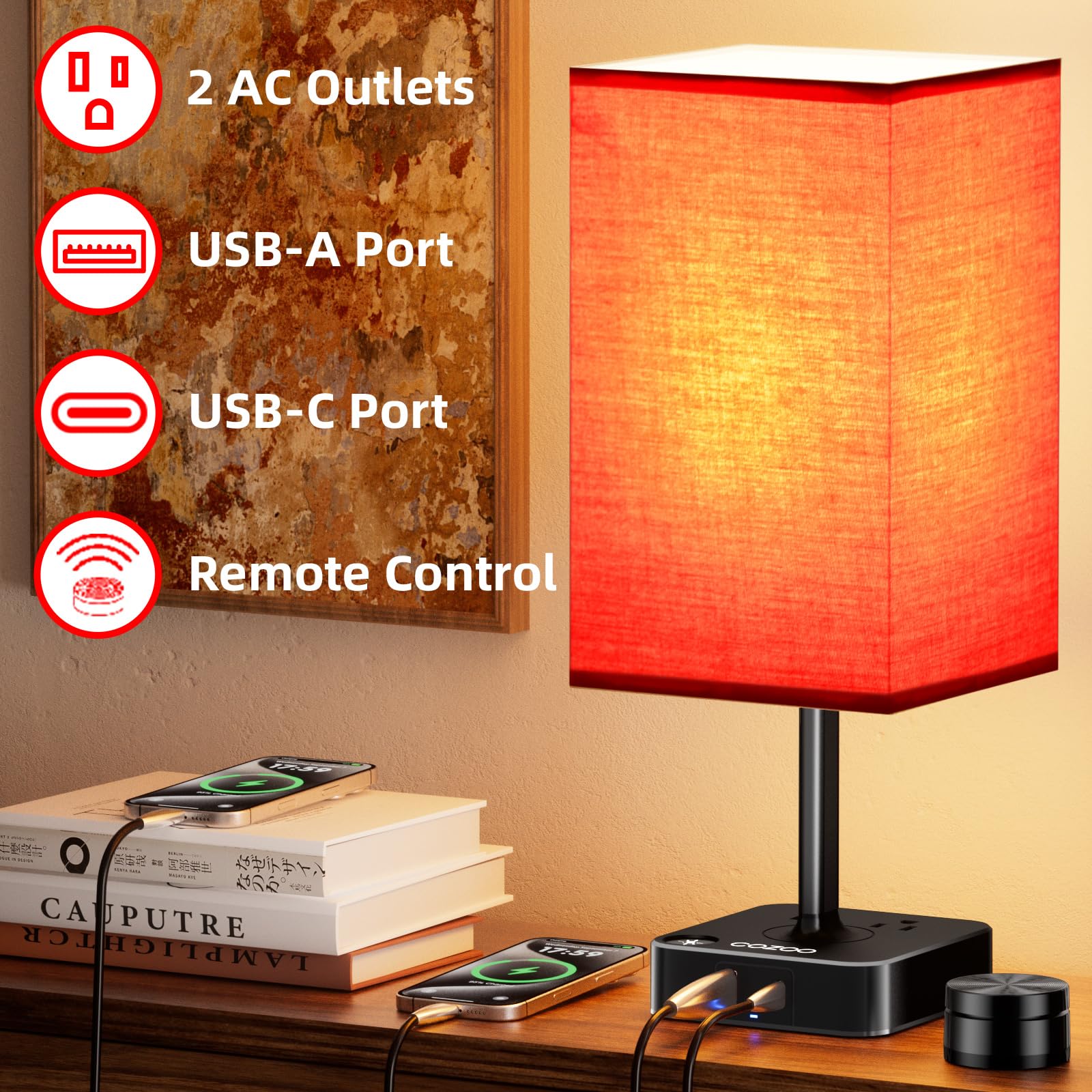 Bedroom Table Lamp With Remote Operation Control,Dimmable Bedside Table Desk Light With Usb C+A Charging Ports 2 Ac Outlets,Nigh