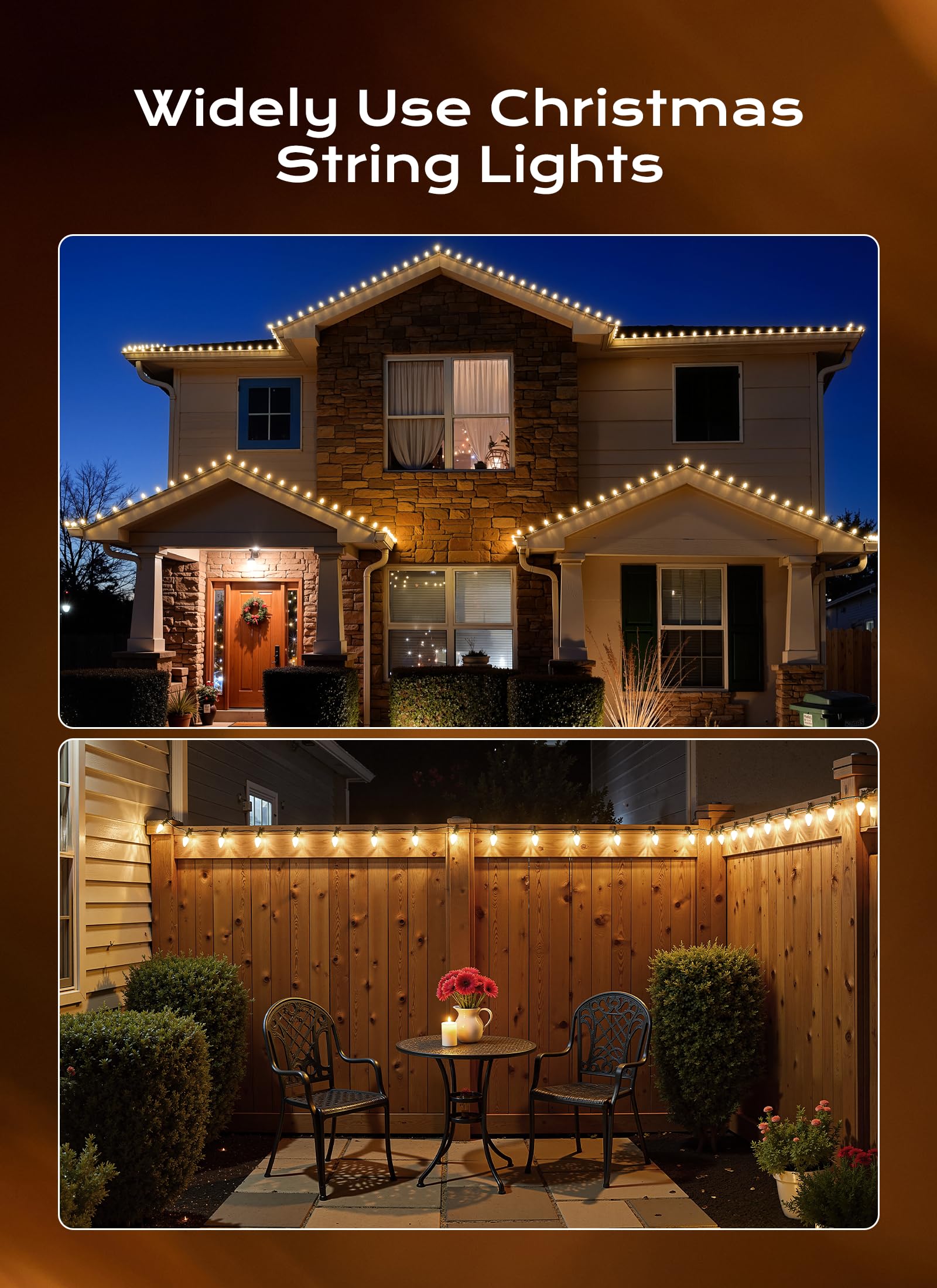 Minetom C9 String Lights, 100 LED, 66 FT, Warm White, 8 Modes, Timer, Connectable, Indoor/Outdoor Holiday Decoration