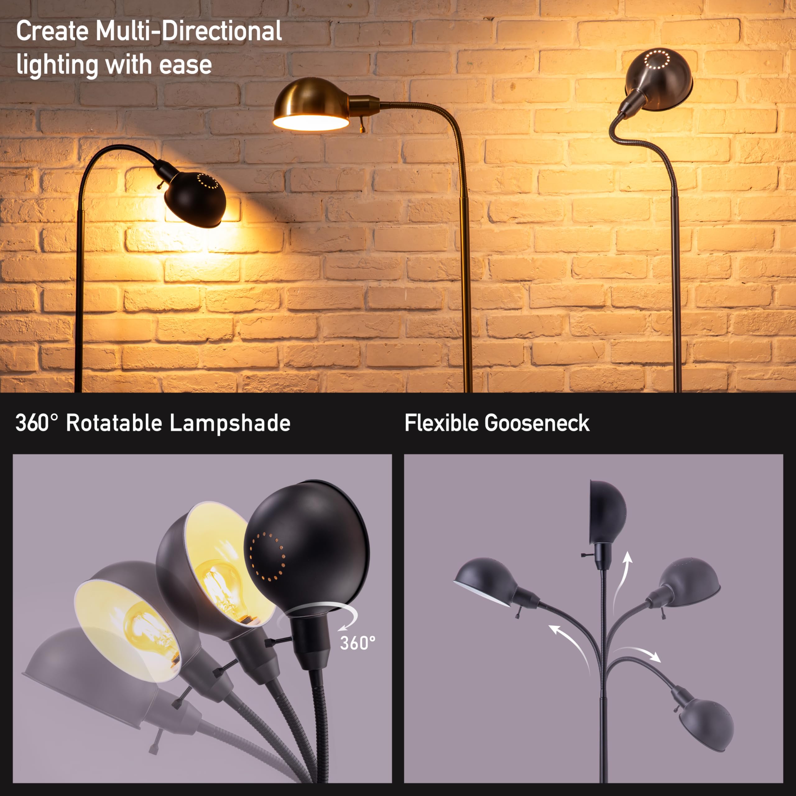 OBright Adjustable Floor Lamp, Gooseneck, E26 Socket, 10-Inch Base, Black, Model OB-FL31S
