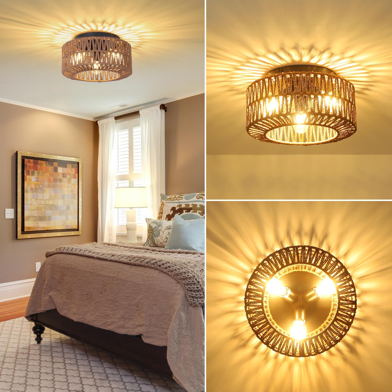 Paufel Boho 3-Light Farmhouse Rattan Light Fixtures - Hand-Woven Shade Modern Chandelier For Living, Bedroom, Entryway, Kitchen,