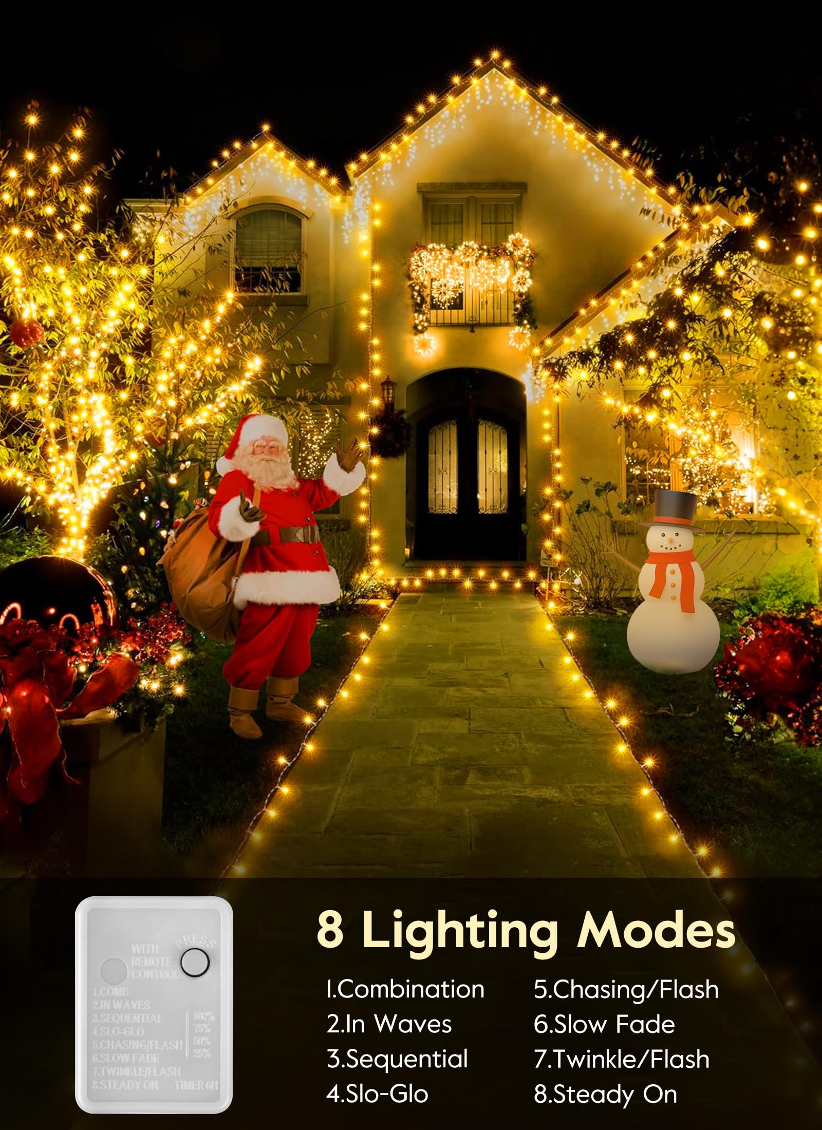 Minetom 66FT 200 LED Christmas Tree Lights, Warm White Twinkle Fairy String Lights, 8 Flashing Modes, Green Wire
