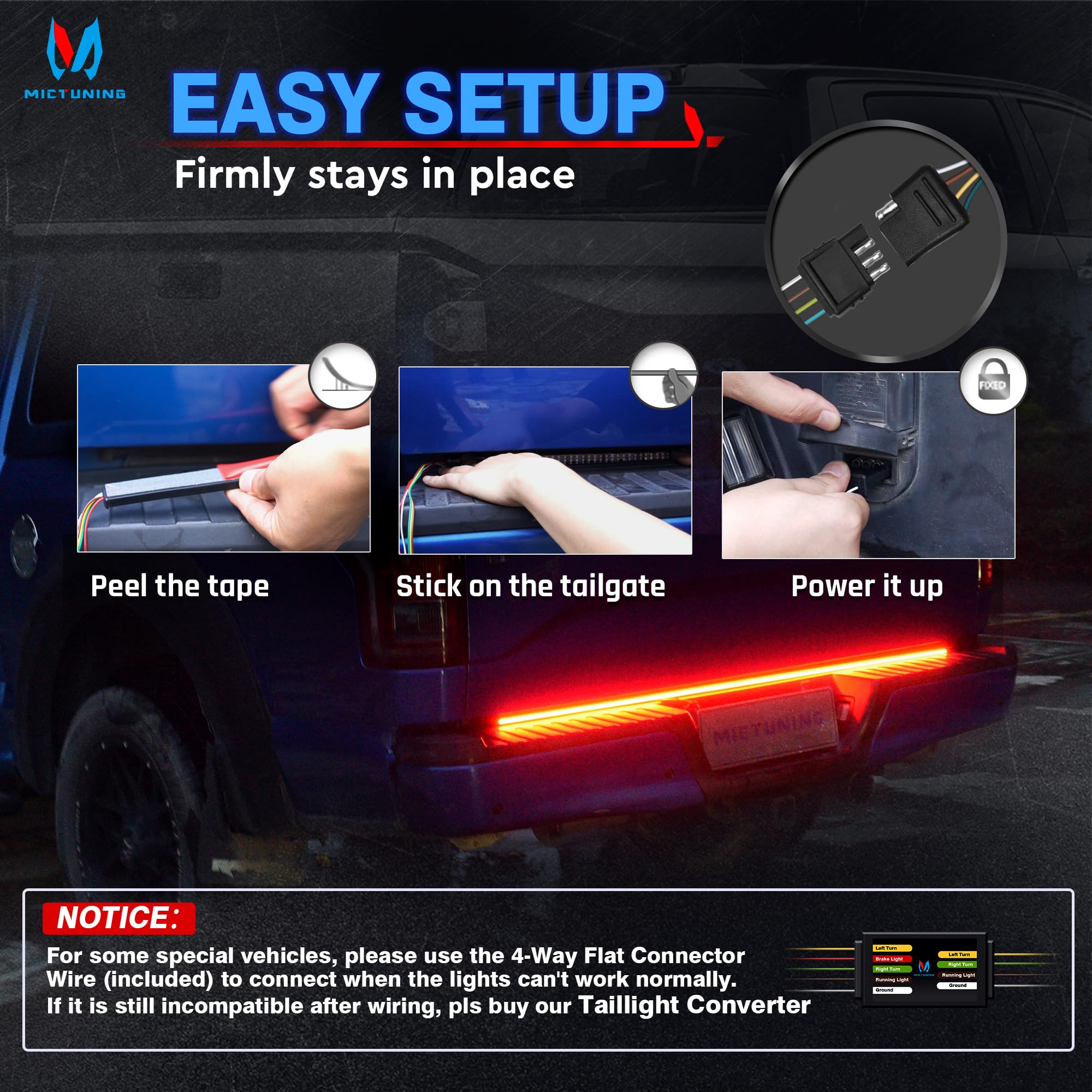 MICTUNING Tailgate Strip Light - 48" Waterproof 360 LED, 5 Functions, Sequential Amber Turn Signal, Red Brake, White Reverse