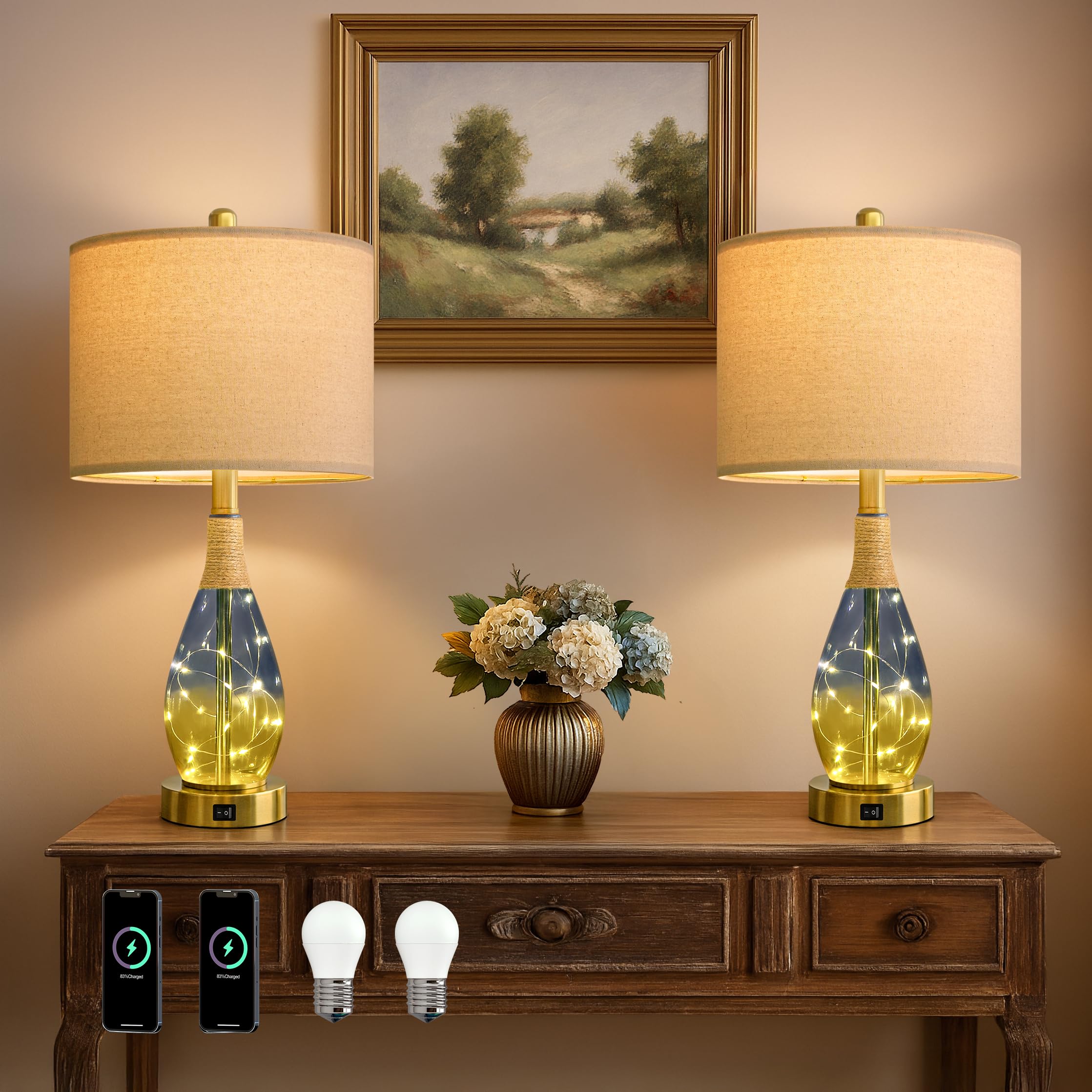OYEARS 23 Table Lamps for Living Room Set of 2 Bedside Lamps for Night Stands  Rattan Lamps for Bedroom Farmhouse Lamps with Glass Nightlight Two Light Points