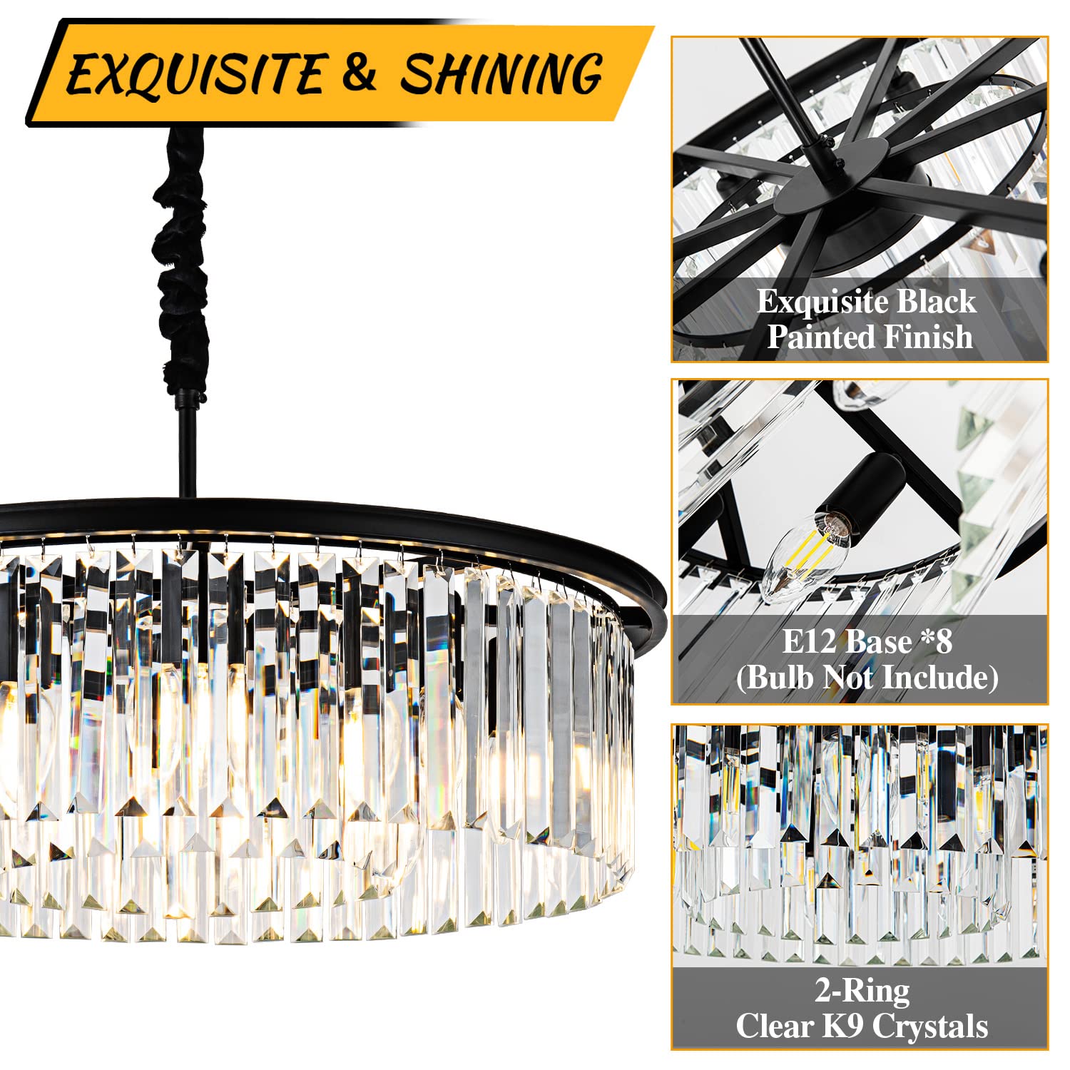 lighceac 23" 8-Light Modern Crystal Chandelier - Black Metal 2-Rings Pendant Lighting for Dining Room, Living Room, Kitchen, Bedroom