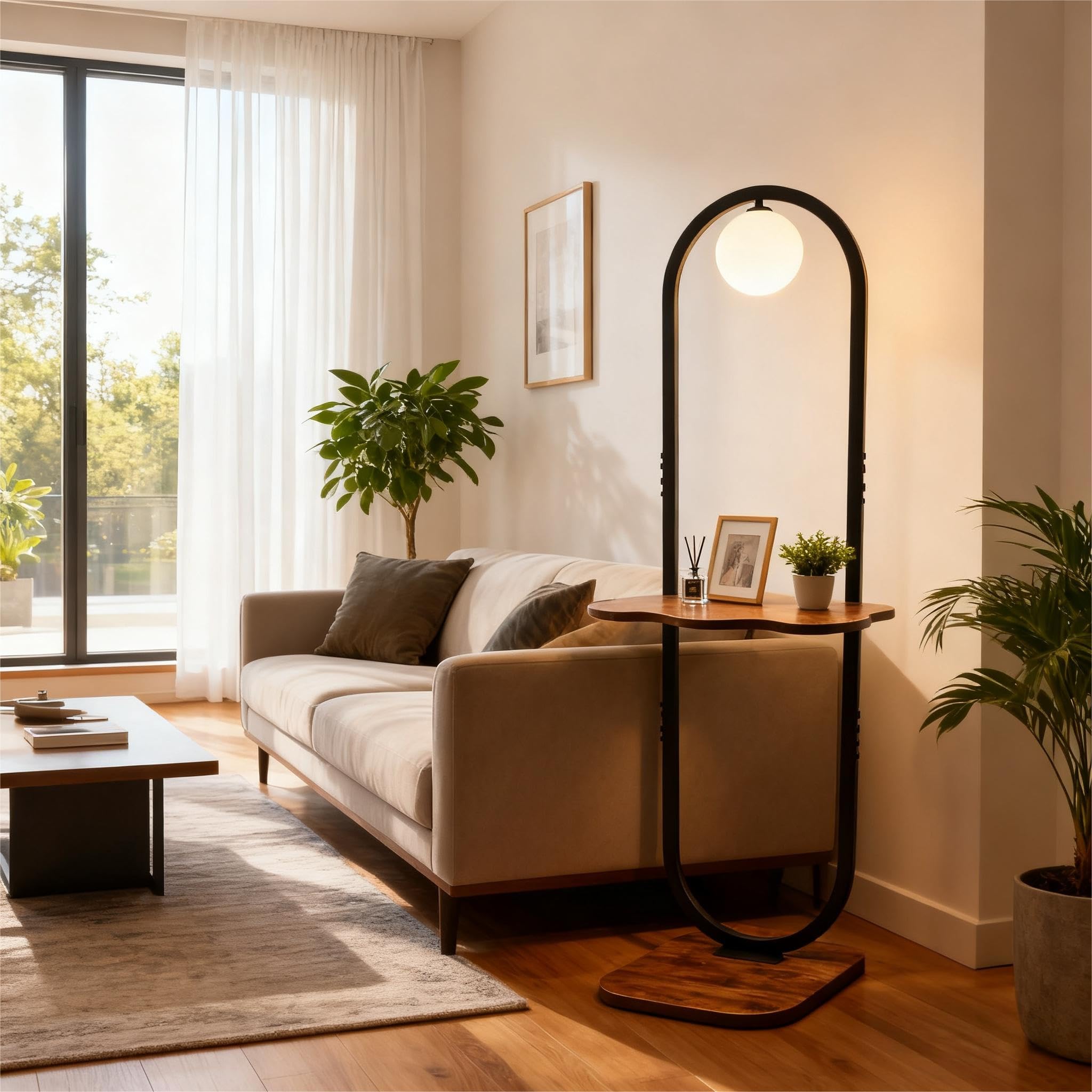 Lightdot 47-Inch Arch Floor Lamp, Modern Standing Lamp with Table, Black Metal Frame with Globe Shade, Living Room Bedroom Light