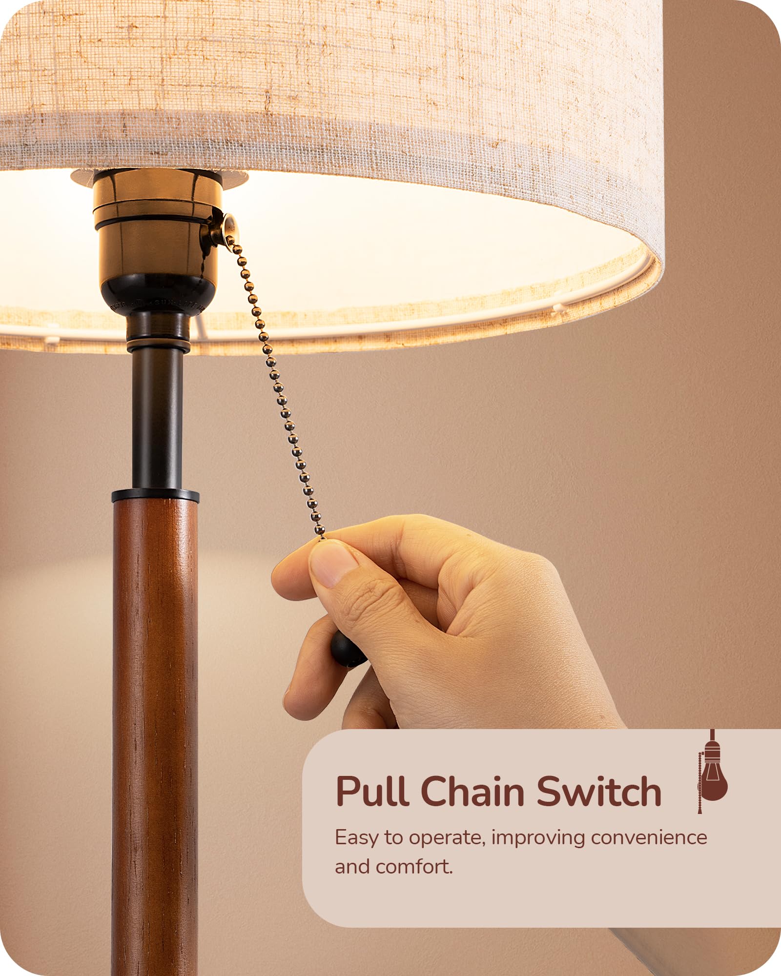 Edishine Mid Century Table Lamp Set Of 2, Pull Chain Switch Bedside Lamp, Linen Shade, Solid Wood Pole & Black Metal Base, Moder