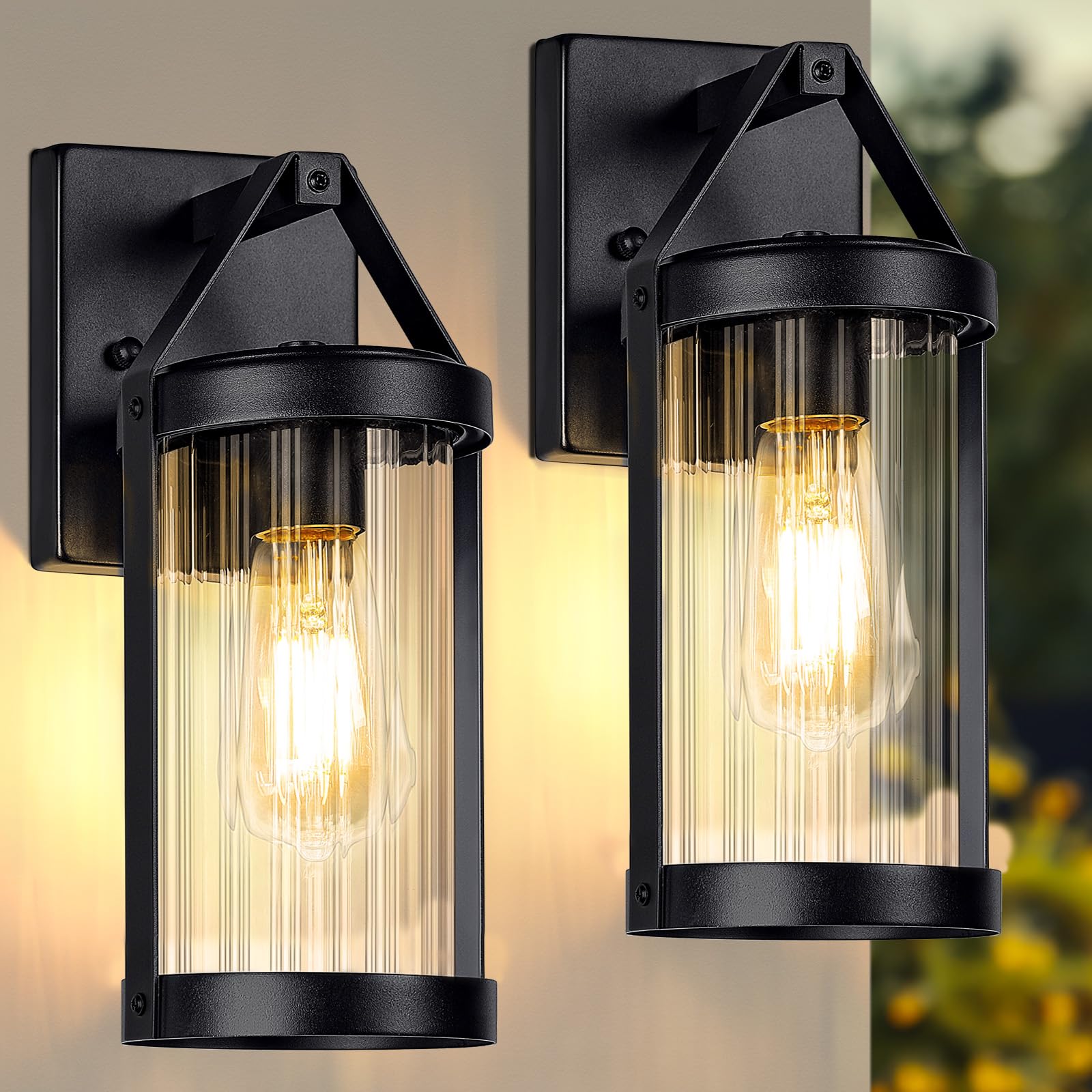 Brightever Outdoor Wall Light Fixtures, Waterproof Black Sconce, 2-Pack, Clear Glass