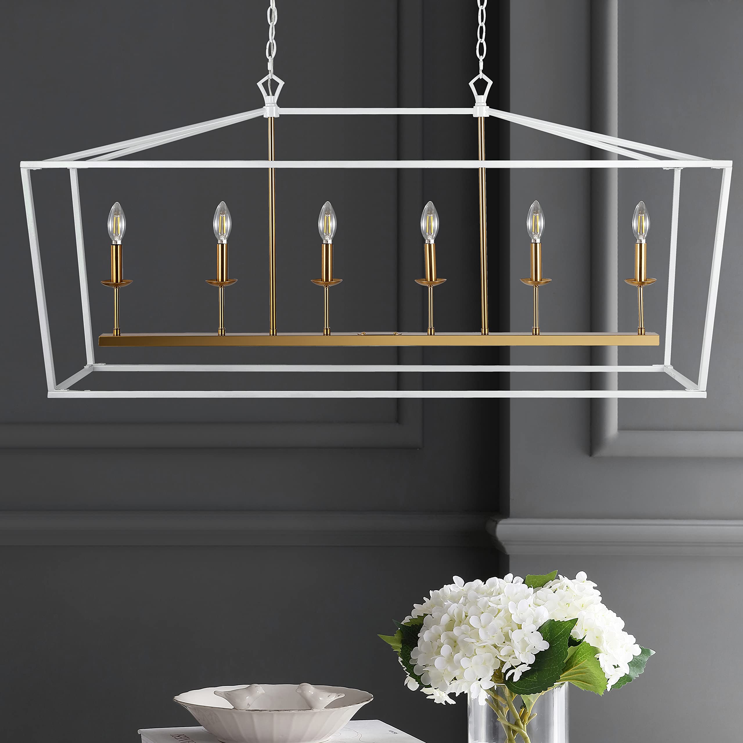 Jonathan Y 49 Metal Led Pendant Light, White/Brass Gold, Model Jyl7439E, Classic Traditional Design For Dining Room, Living Room, Kitchen