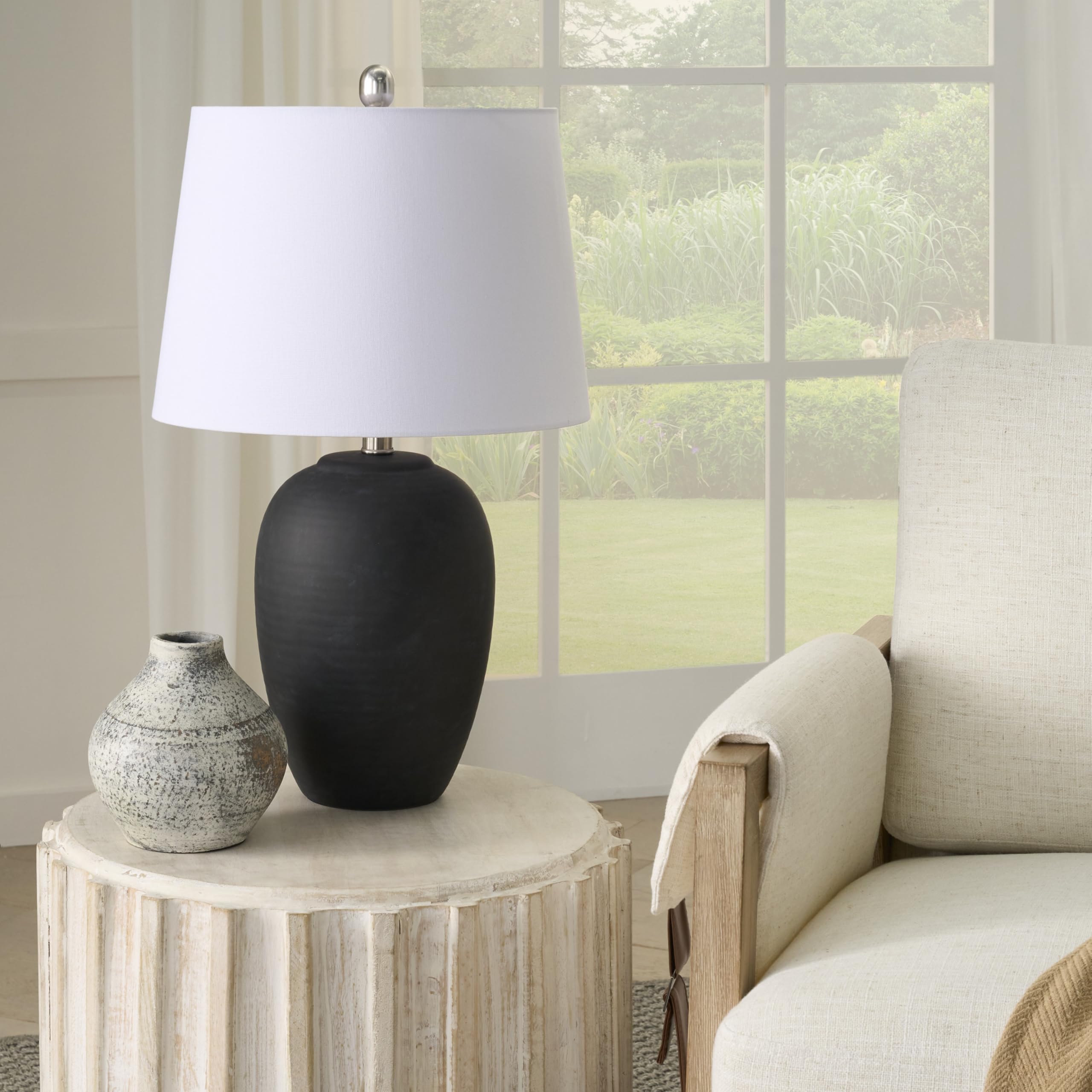 Nourison 23'' Black Vintage Distressed Ceramic Pot Table Lamp for Bedroom, Living Room, End Table, with White Tapered Drum Shade