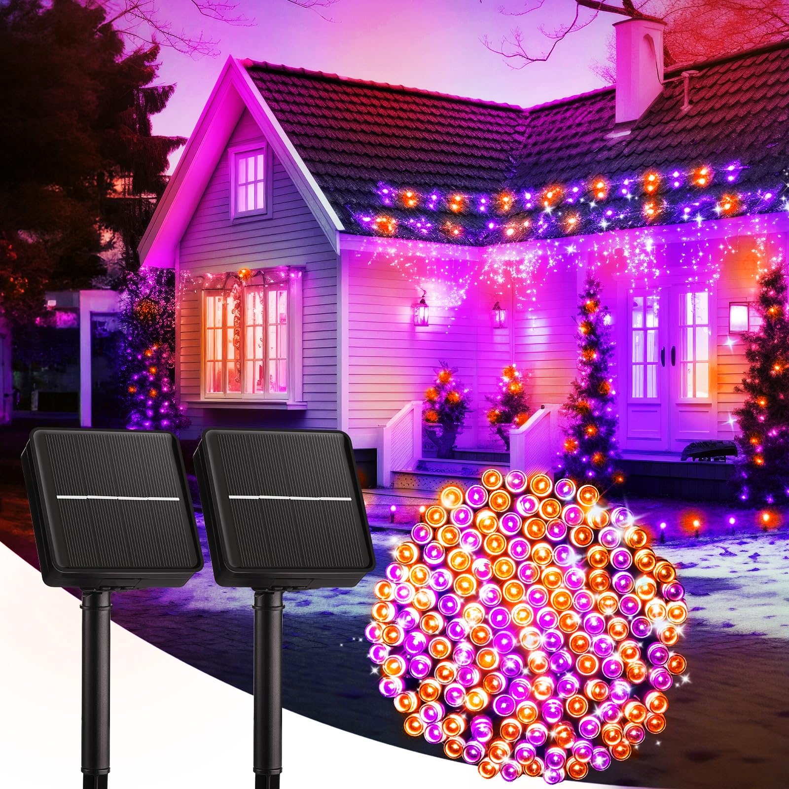 Brightown 2-Pack 400Led 170Ft Total Halloween Solar Outdoor Lights Ip65 Waterproof Solar Powered Lights With 8 Lighting Modes For Party Garden Yard Home Holiday Tree Decoration Lighting Orange&Purple