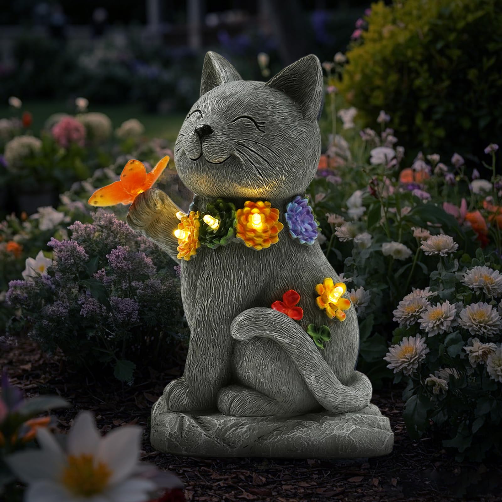Oneirion Outdoor Solar Cat Garden Statue - With Led Flowers And Butterfly Yard Art  Suitable For Lawn Decoration  Porch Yard Decorations Outdoor  Birthday Gift For Mother  Grandmother  Or Women