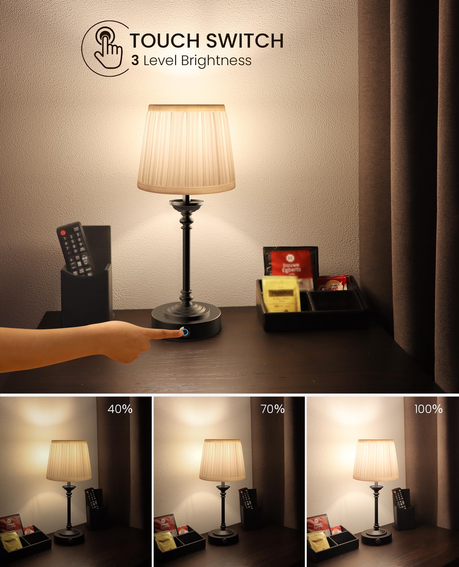Aiscool Cordless LED Table Lamp with Dimmer, Built-in 5200mAh Rechargeable Battery, 3-Level Brightness, Touch Bedside Table Lamp