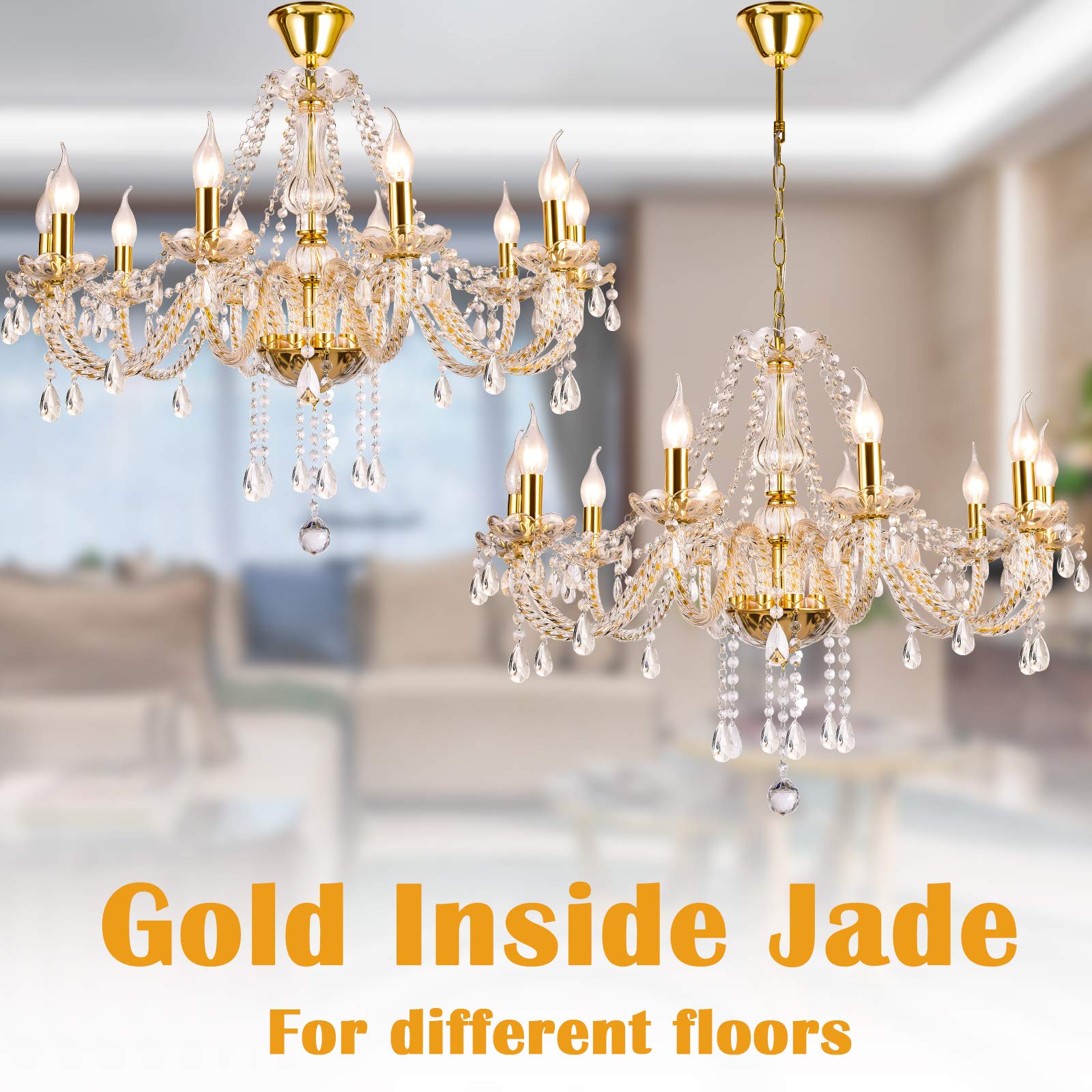 Panghuhu88 K9 Crystal Candle Chandelier, 10-Light Pendant Ceiling Fixture, Elegant Gold Decoration for Dining, Living Room, Bedroom