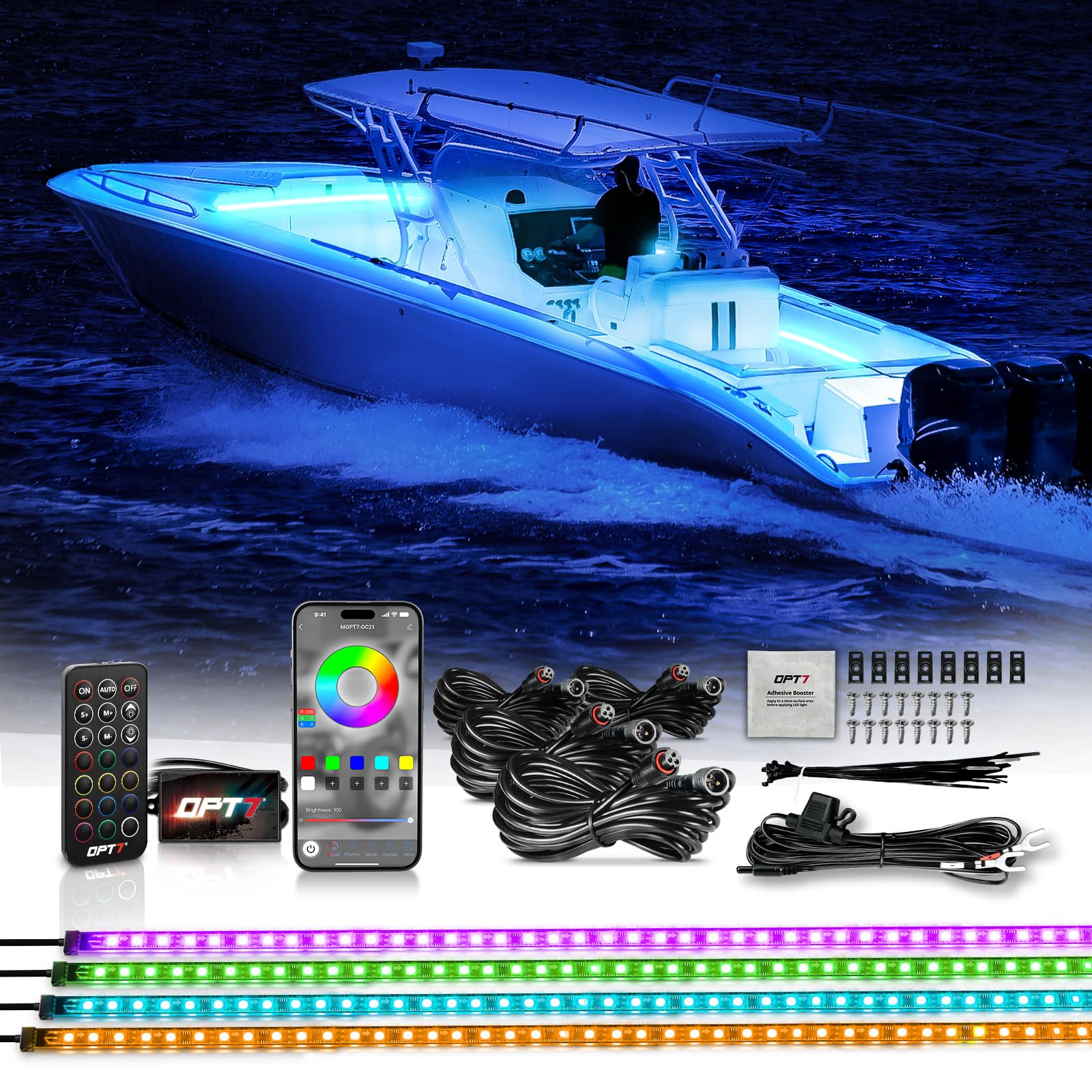 OPT7 Aura Marine Boat Lights LED Kit, 4PCS Waterproof RGB Light Strips, Music Sync, 48in Silicone, Model AURA-GLOW-BOAT-48-INCH-KIT